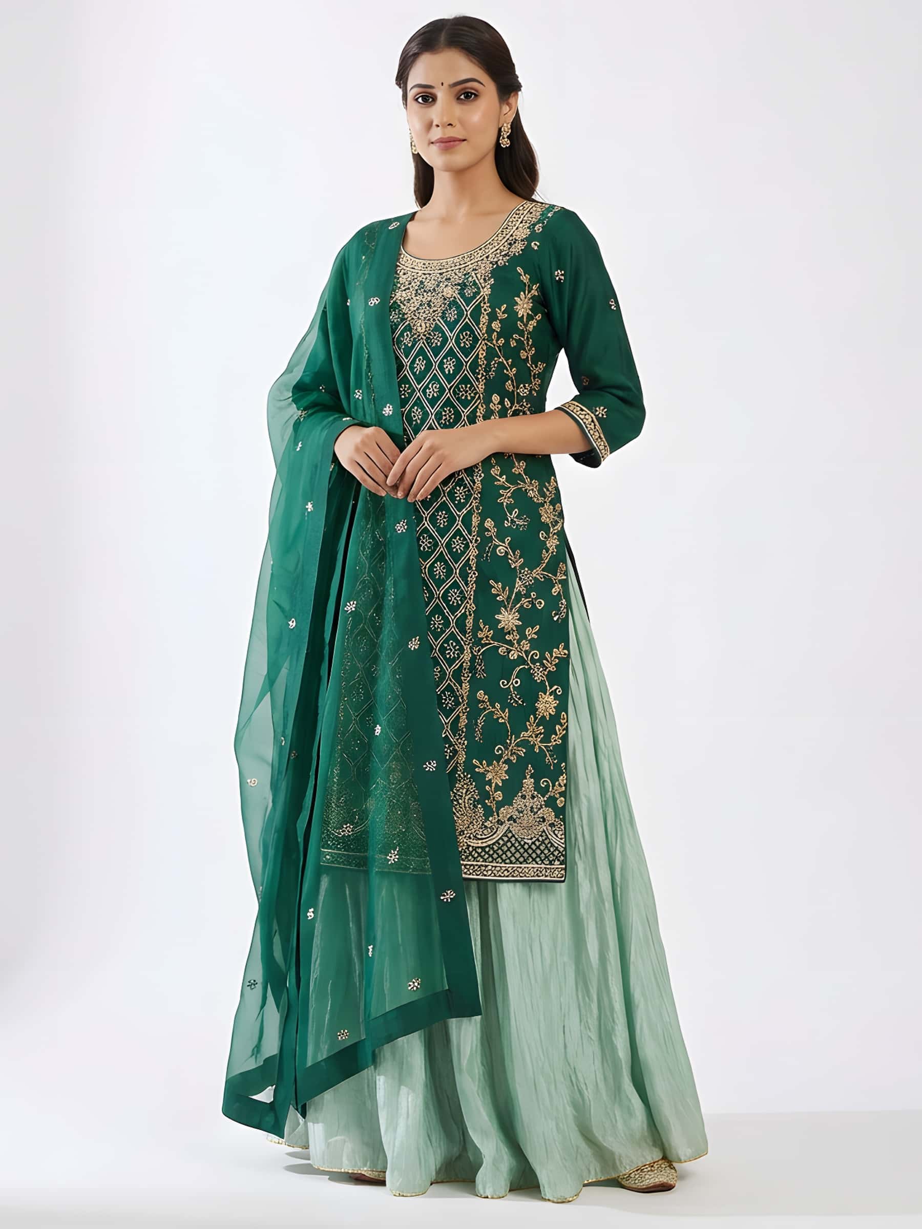 Emerald Green Pure Silk Hand Embroidered Set - Image 1