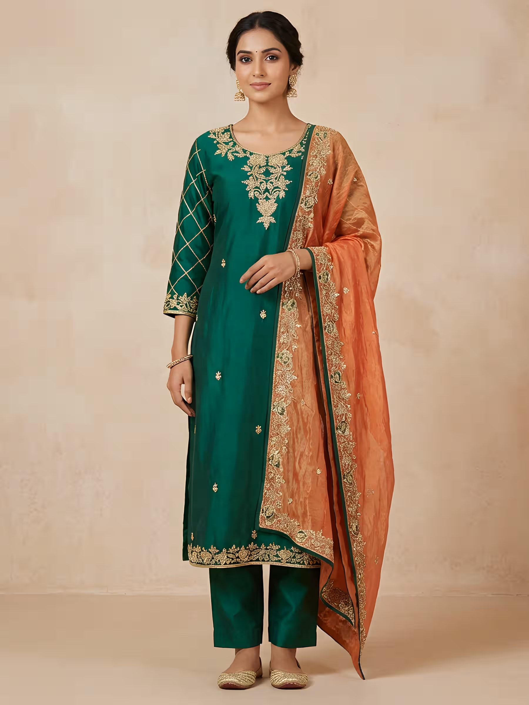 Emerald Green Pure Silk Suit Set with Tissue Dupatta - Image 1