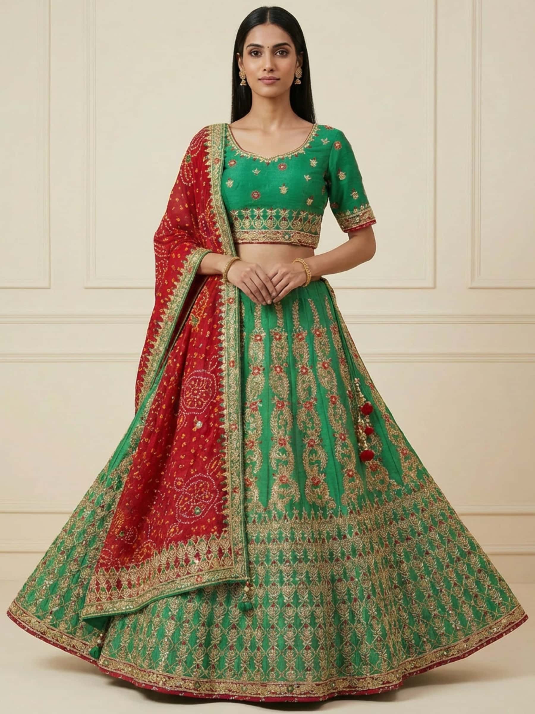 Exclusive Designer Bridal Lehenga with Ribbon Gota Zardozi Work - Image 1