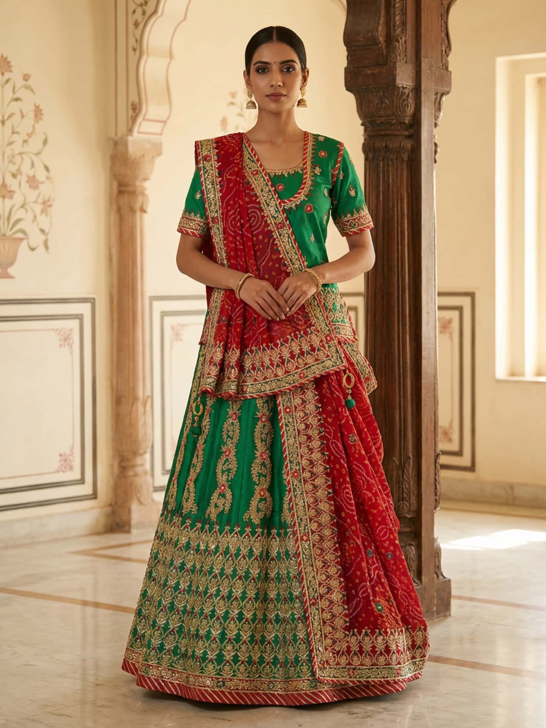 Exclusive Designer Green Bridal Rajputi Poshak with Ribbon Gota Zardozi Hand Work