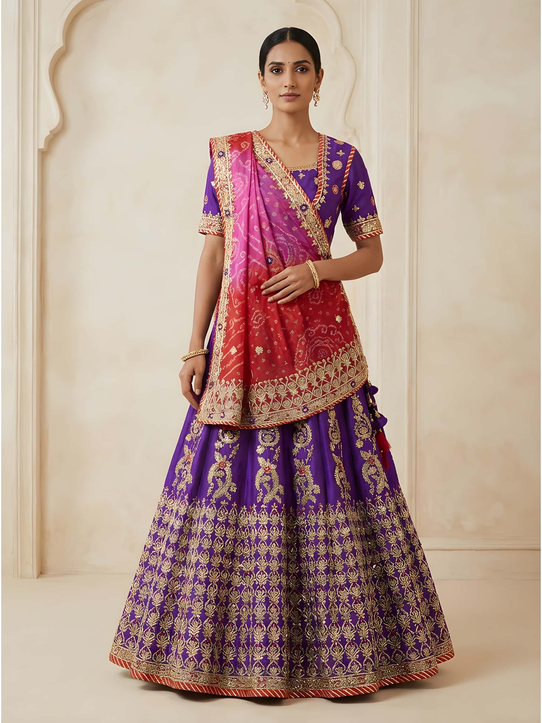 Exclusive Designer Purple Bridal Rajputi Poshak with Ribbon Gota Zardozi Hand Work