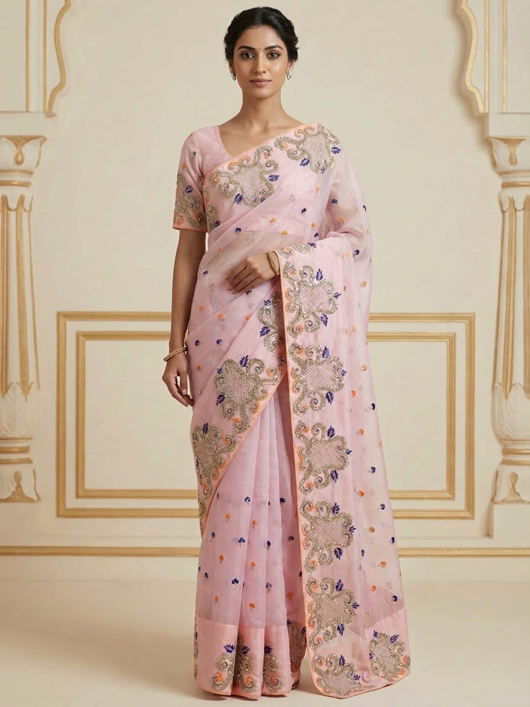 Exclusive Designer Saree in Pretty Pink Pure Organza - Image 1