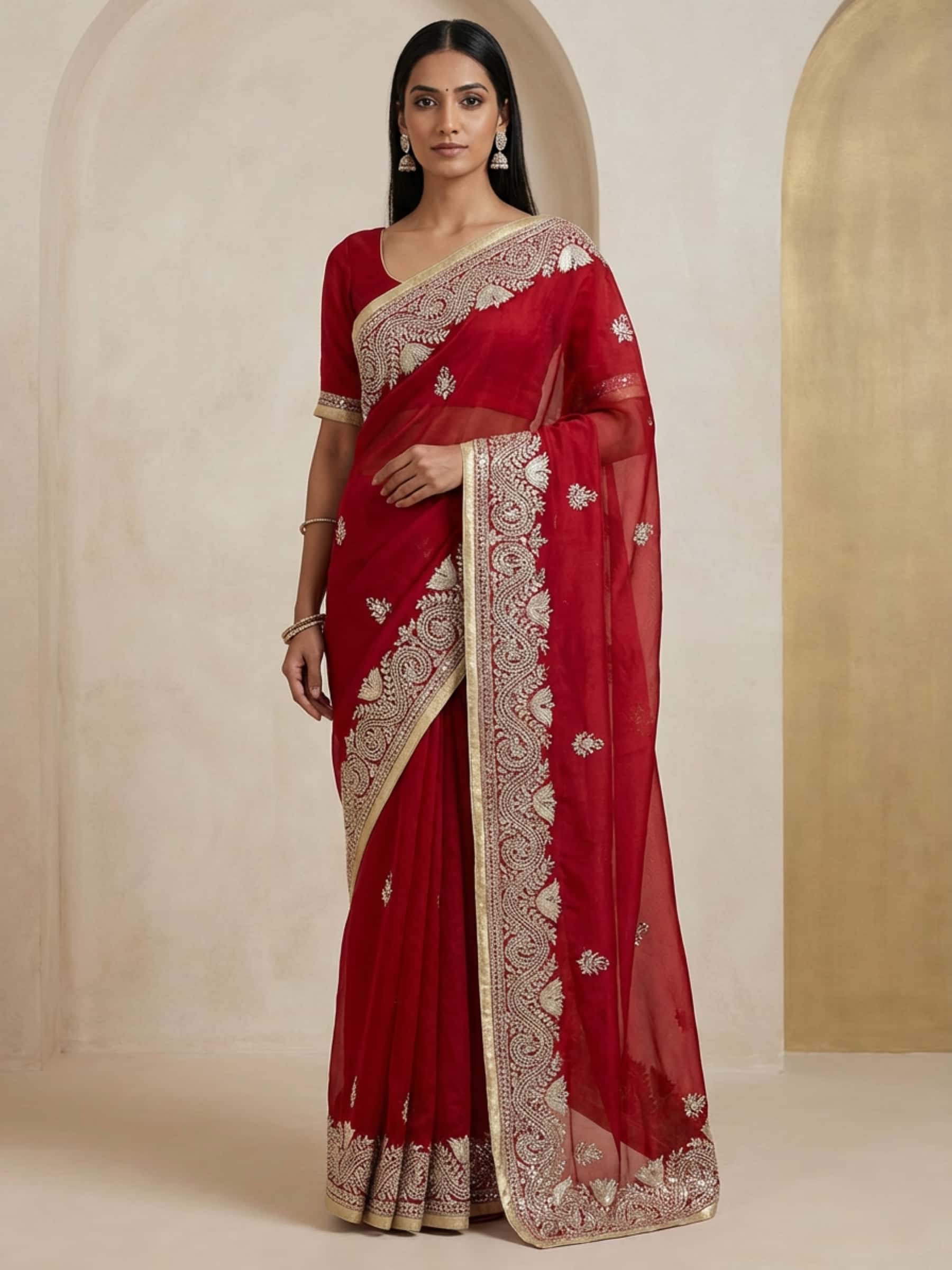 Exclusive Maroon Lotus Designer Gota Saree - Image 1
