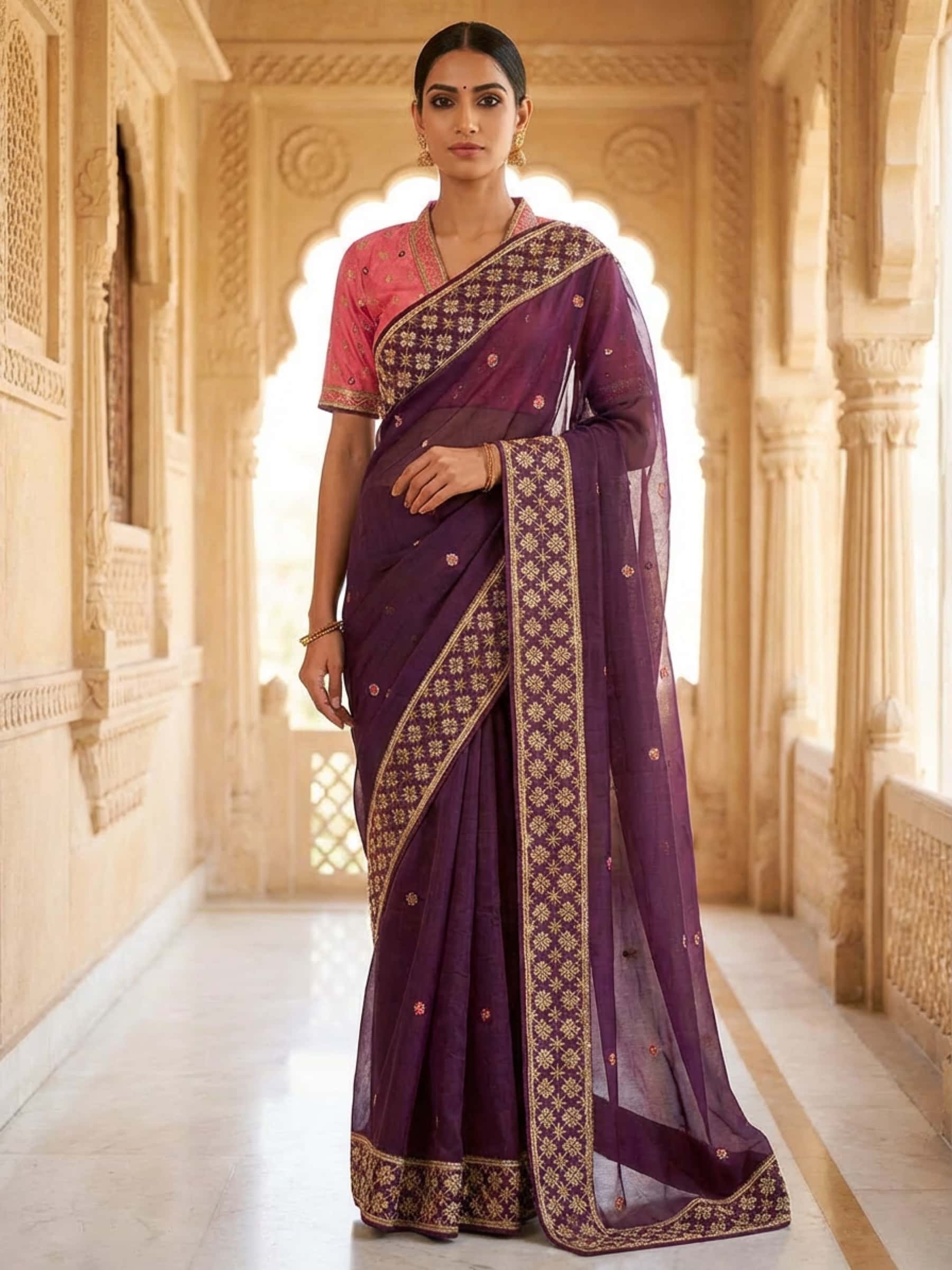 Exclusive Pure Organza Saree with Pearl Tikki Handwork in Wine Color - Image 1