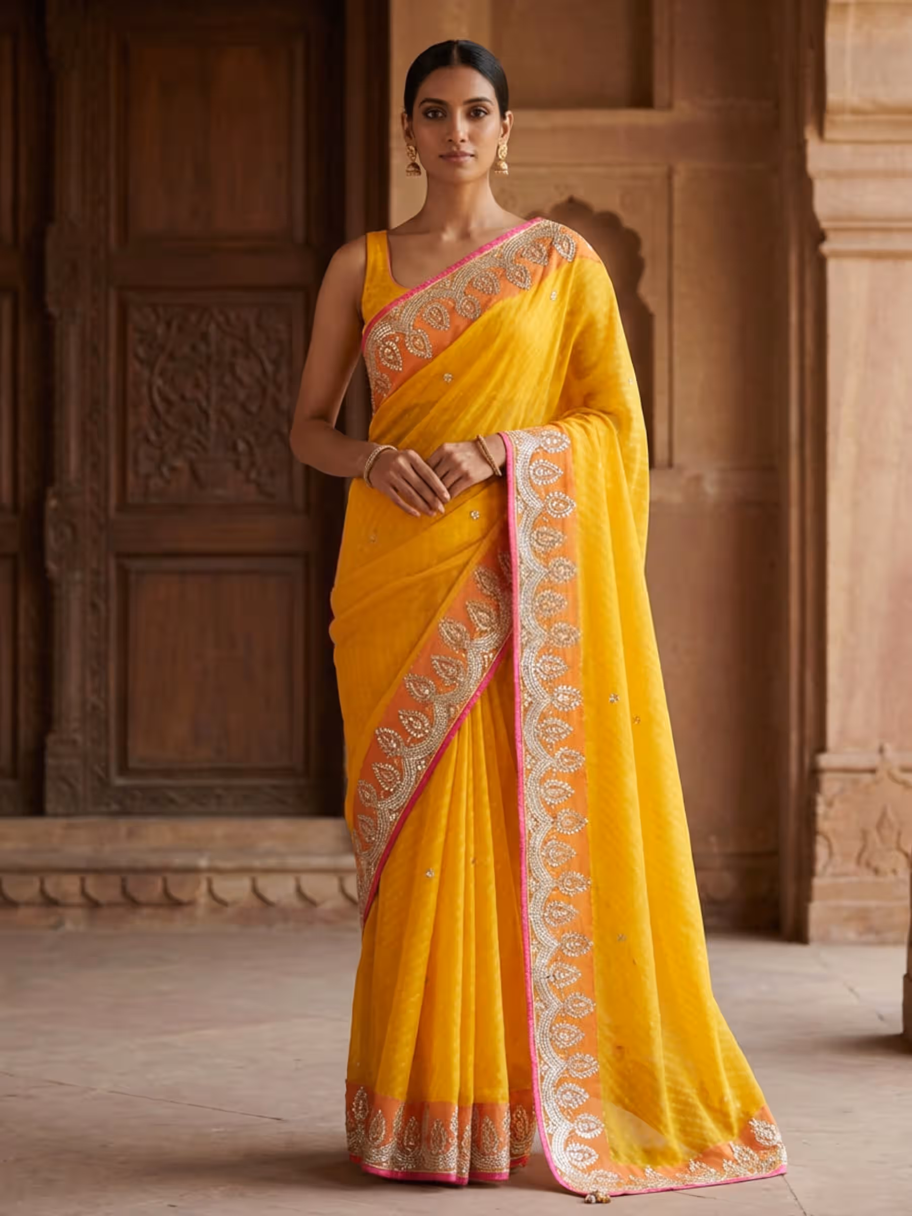 Fascinating Yellow Gota Patti Handwork Mothra Saree - Image 1