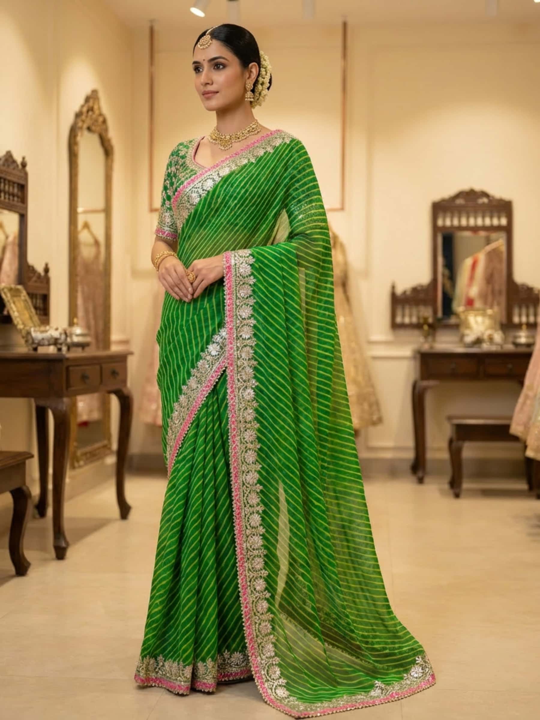 Fine Gota Design Green Yellow Leheriya Saree - Image 1