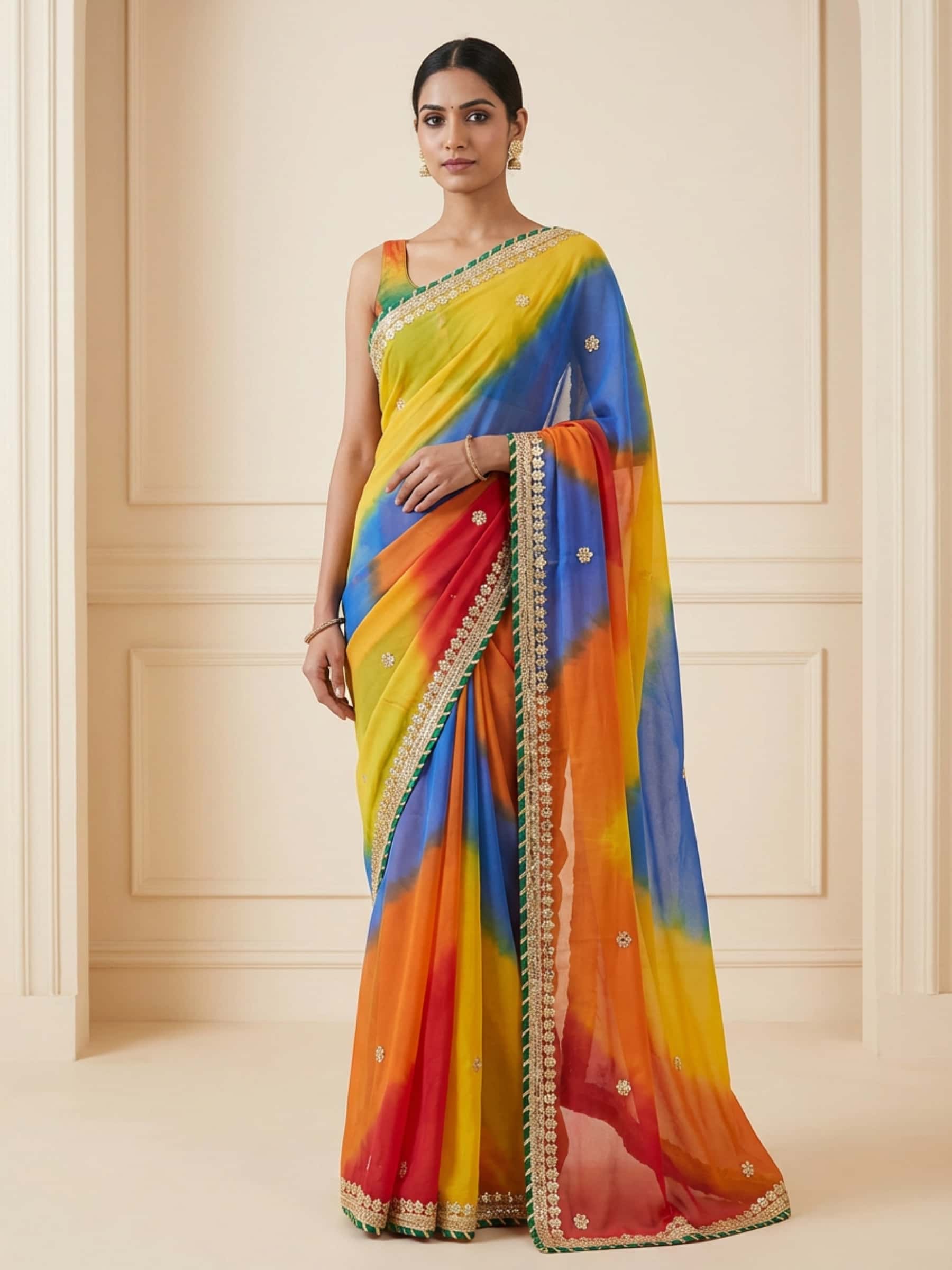 Fine Gota Handwork Panch Rangi Saree