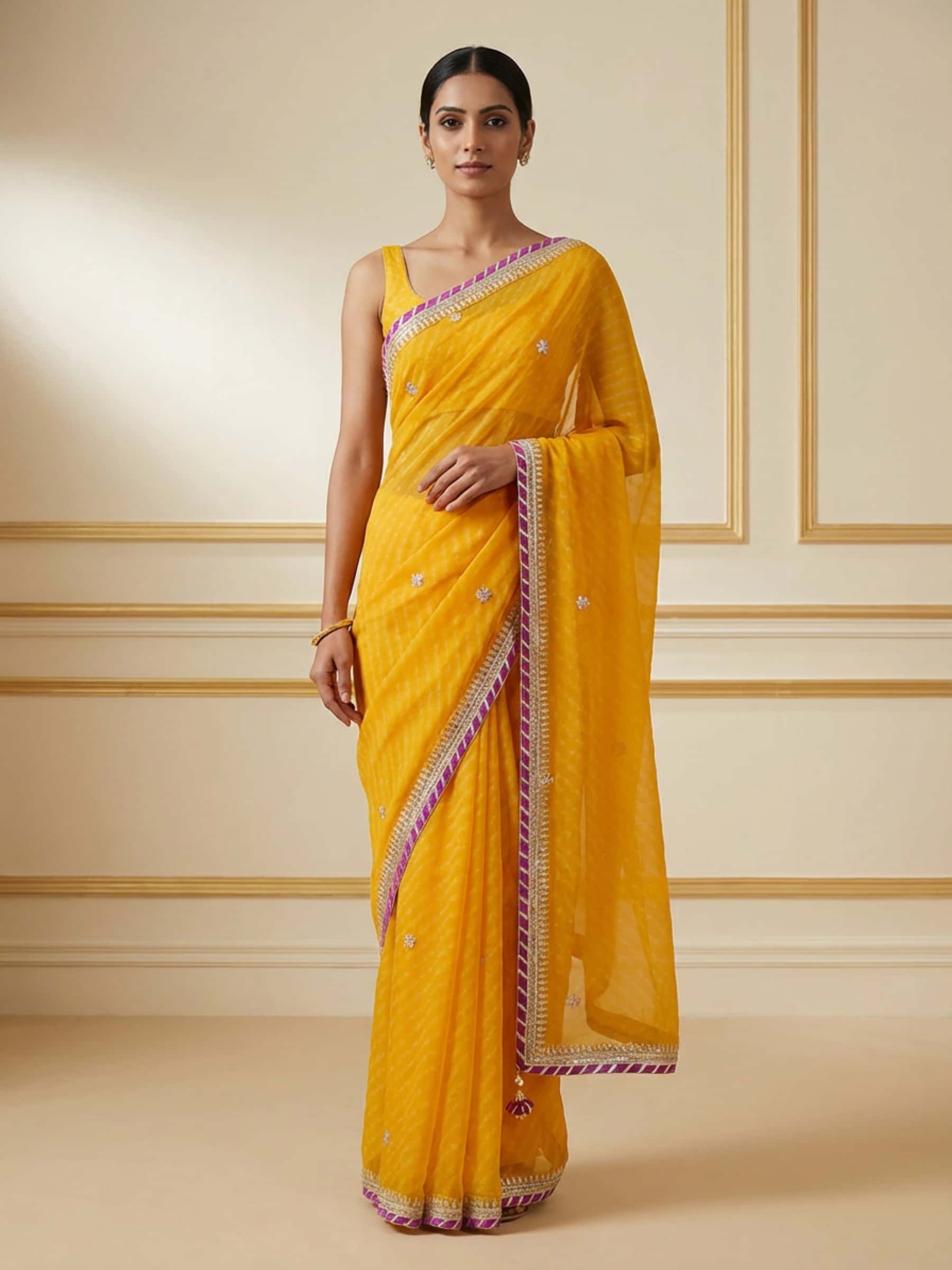 Fine Handwork Yellow Mothda Saree with Pink