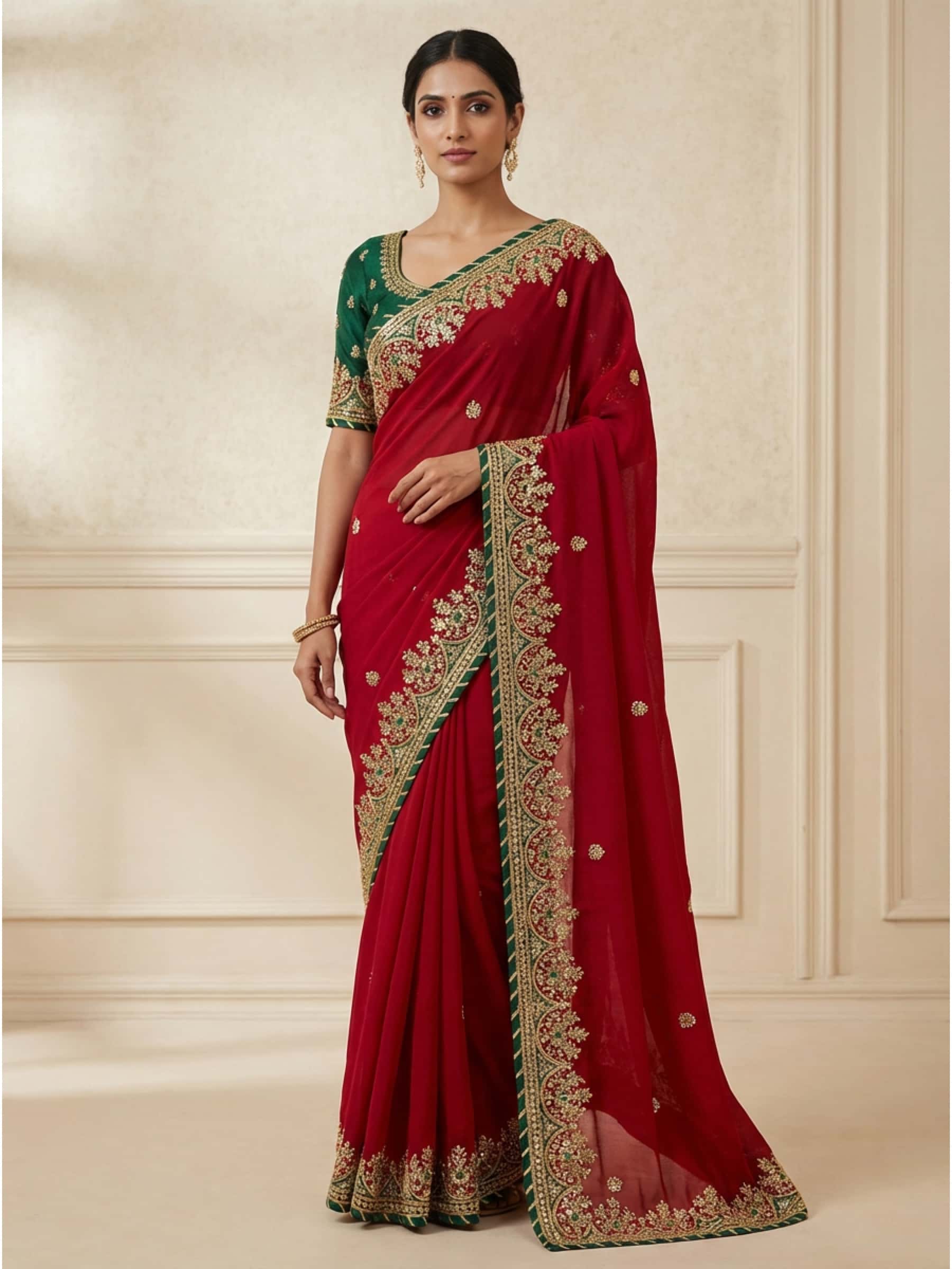 Finest gota worked sarees in pretty red color - Image 1