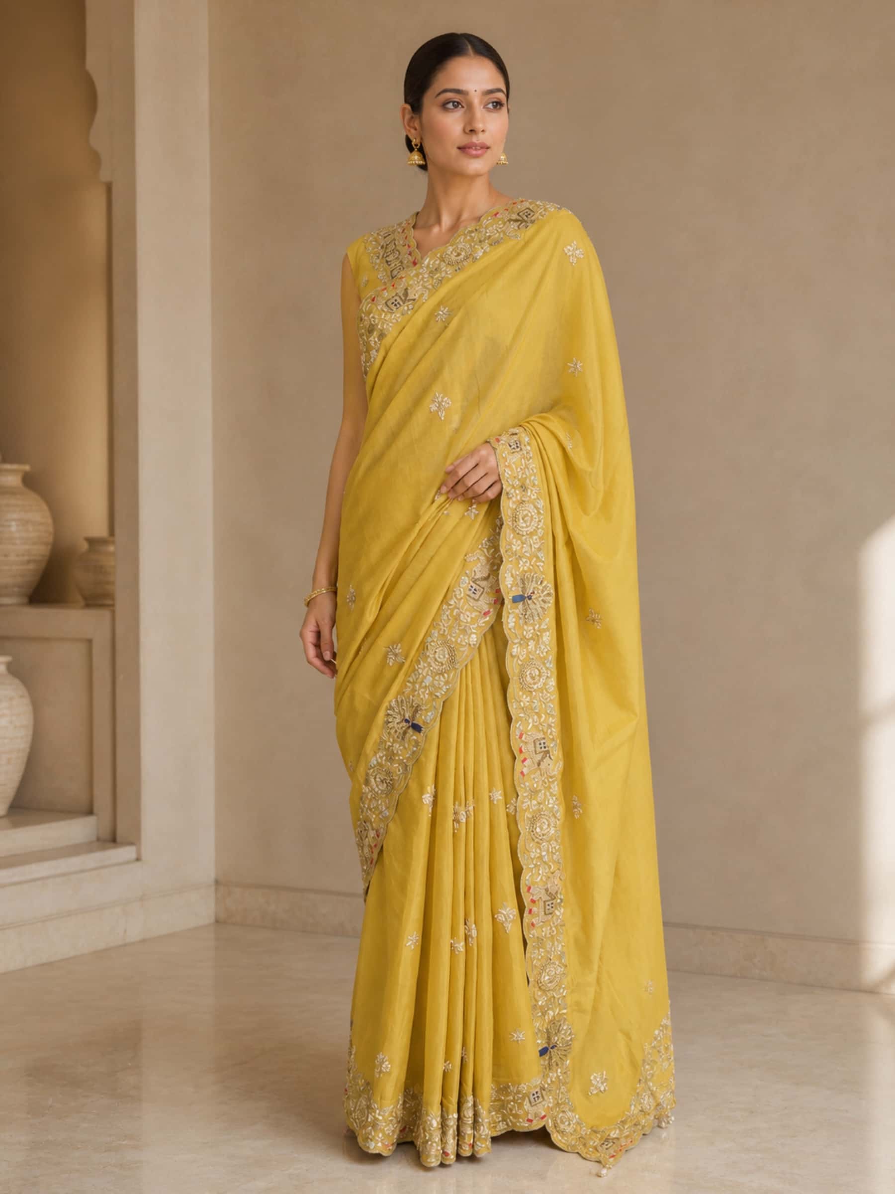 Golden Peacock and Elephant Zardozi Tissue Saree - Image 1