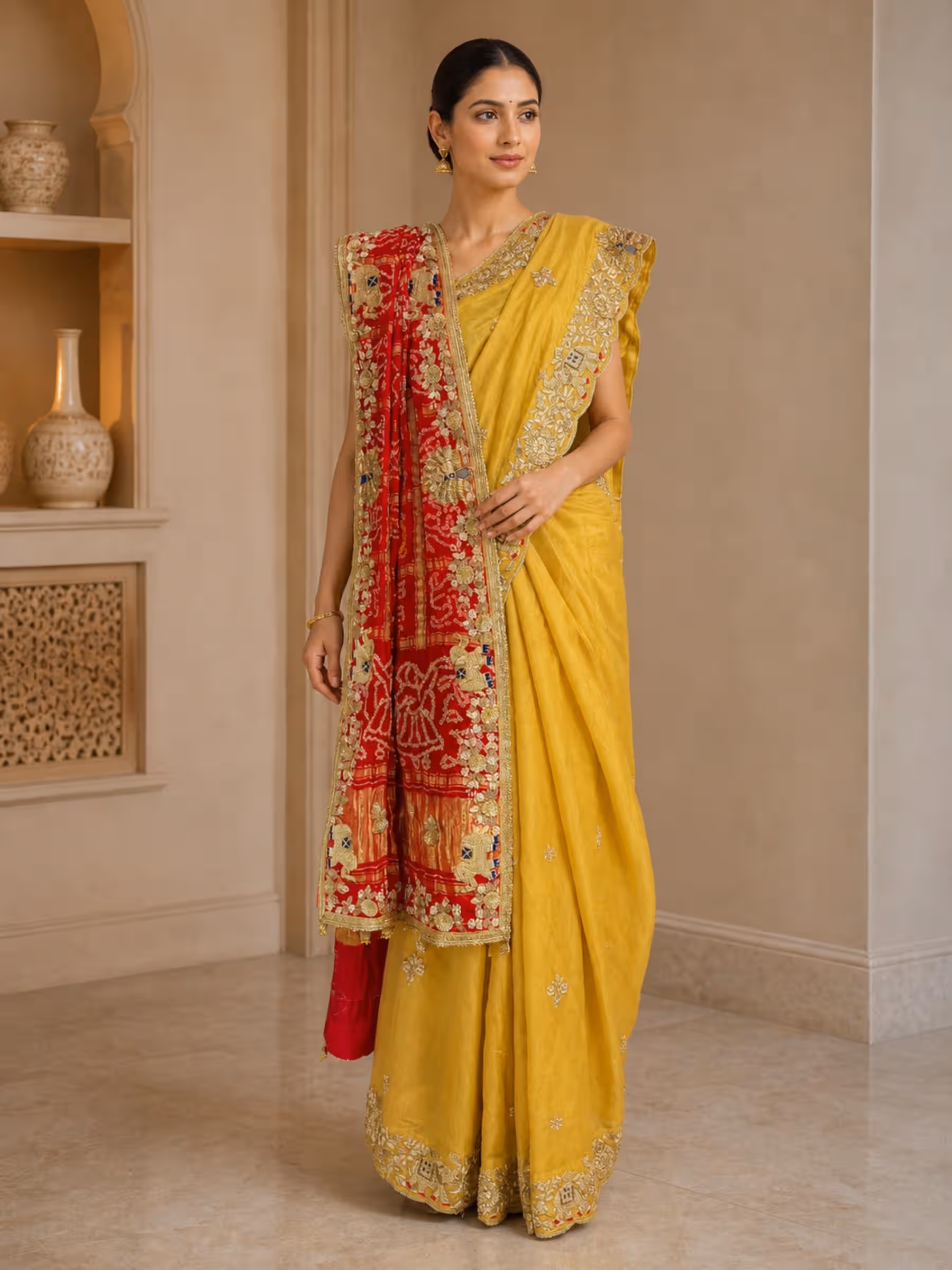 Golden Peacock and Elephant Zardozi Tissue Saree