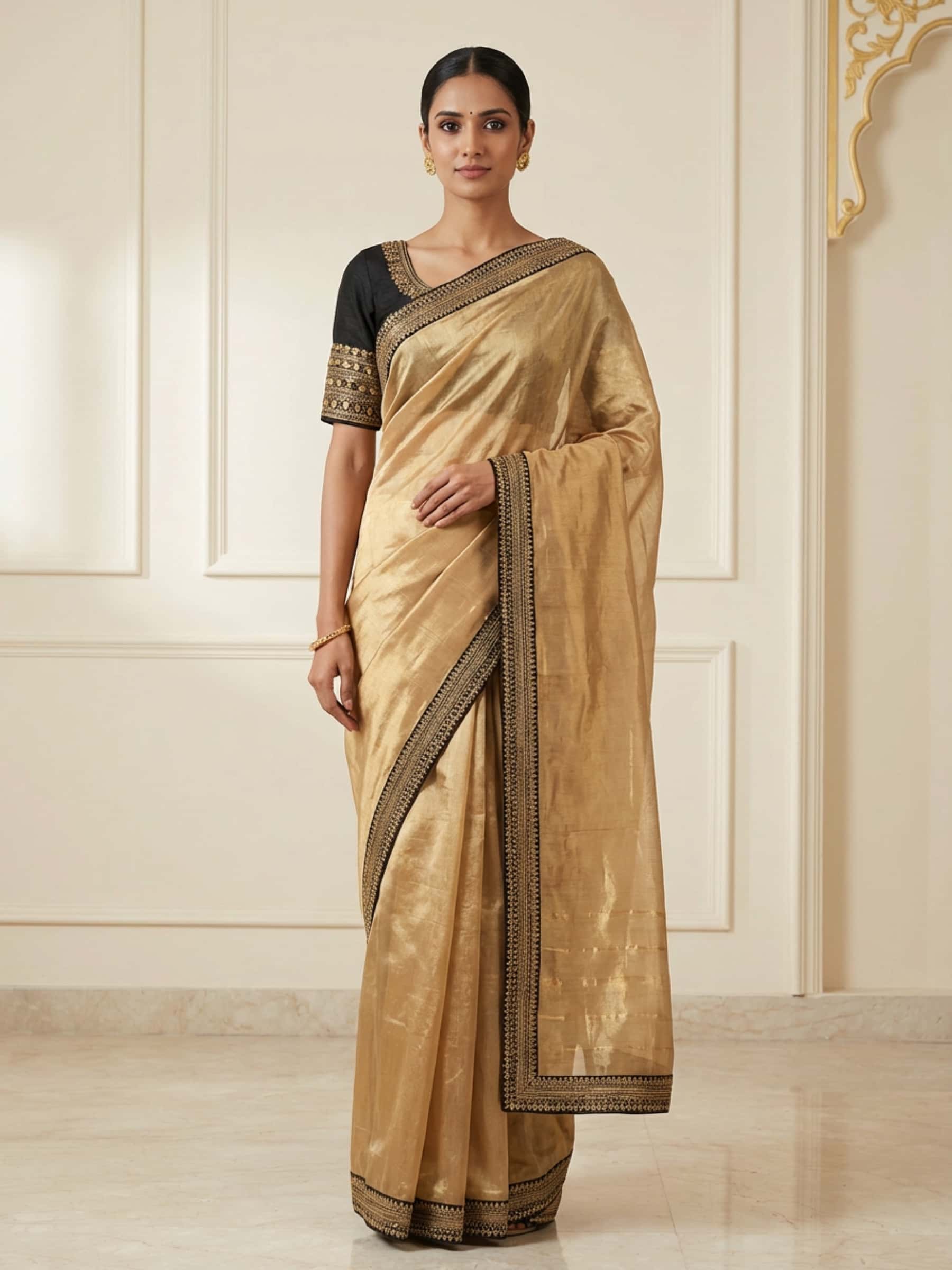 Golden Tissue Saree with Marodi Handwork - Image 1