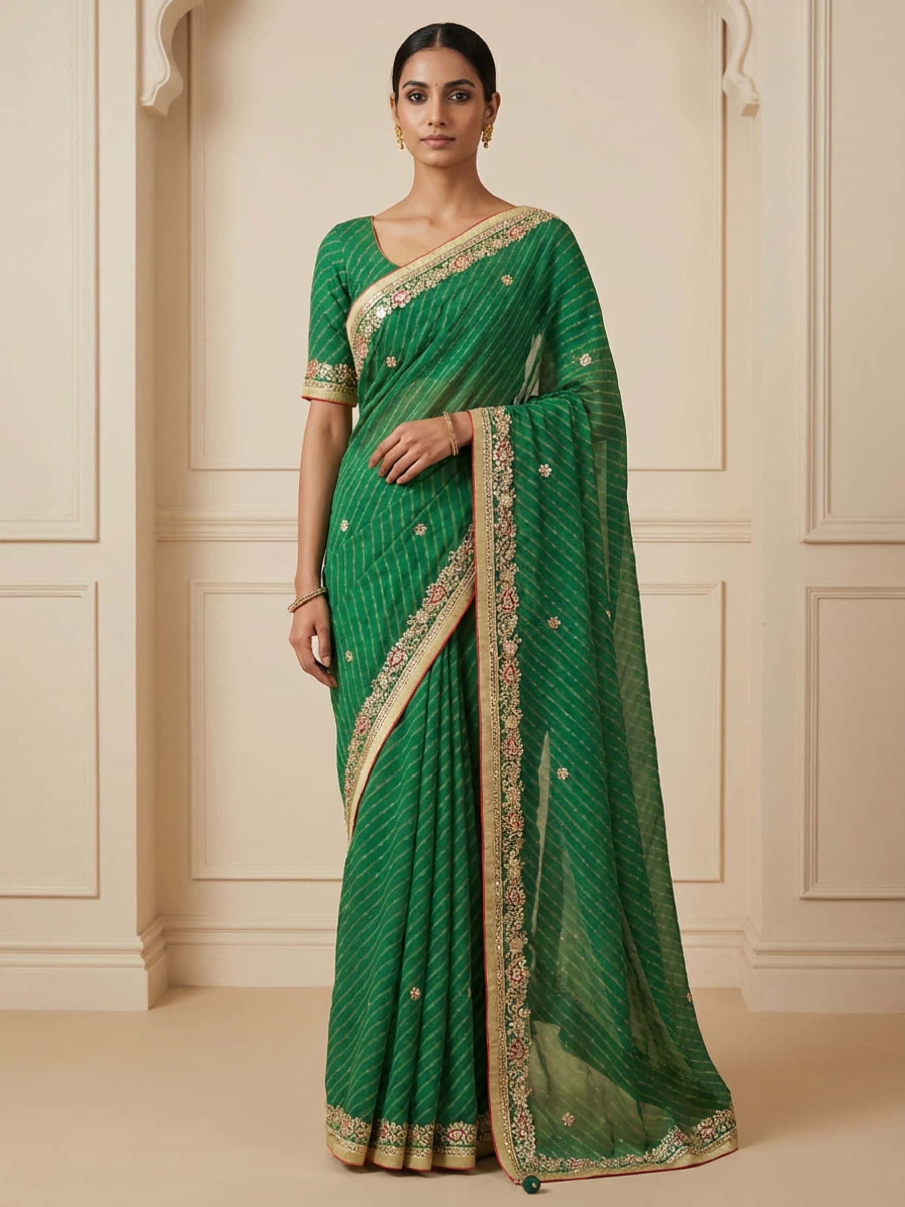 Gorgeous Green Leheriya Saree in Fine Gota Work - Image 1