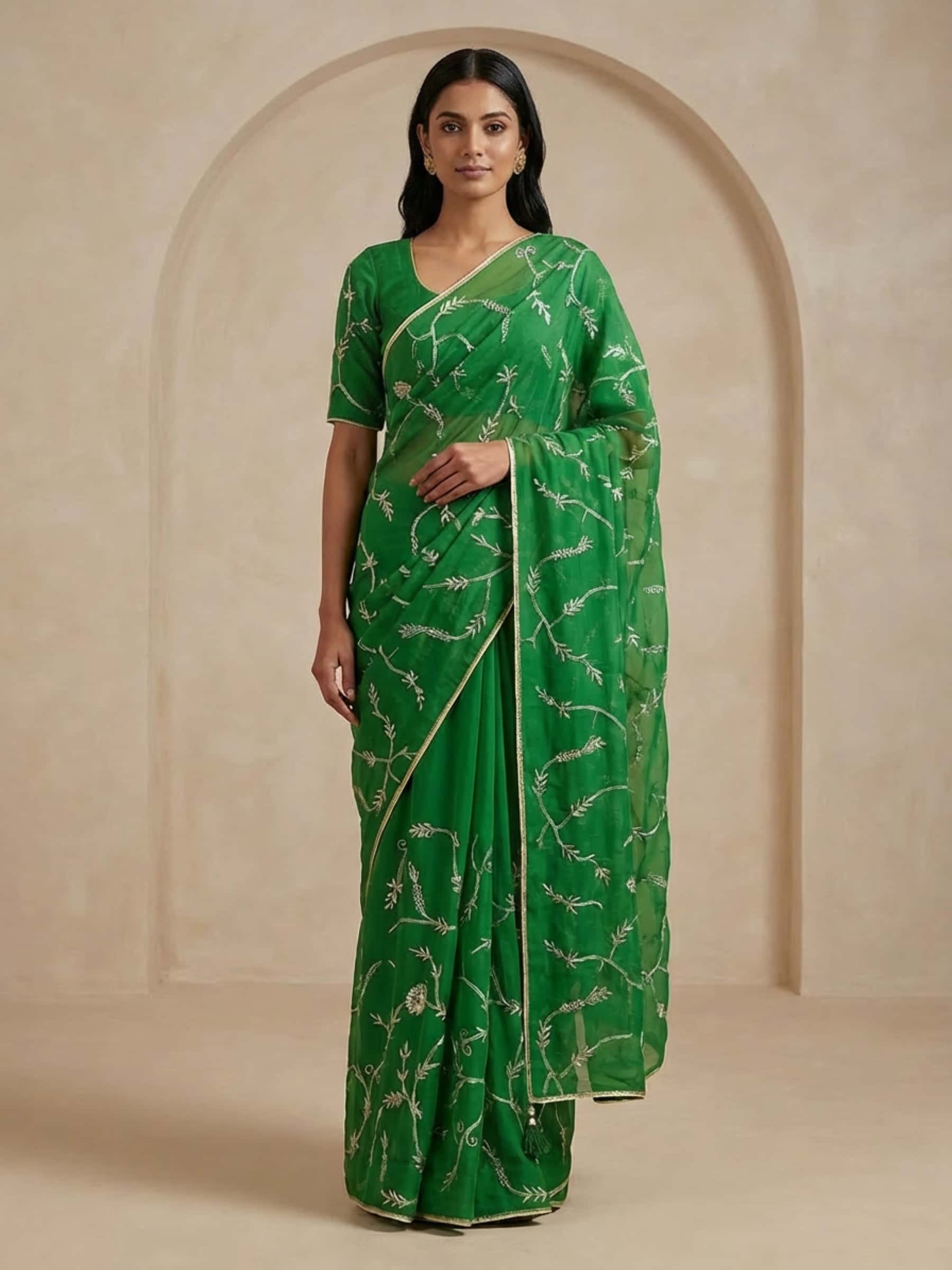 Gorgeous Green Organza Saree in Pretty Jaal Work - Image 1