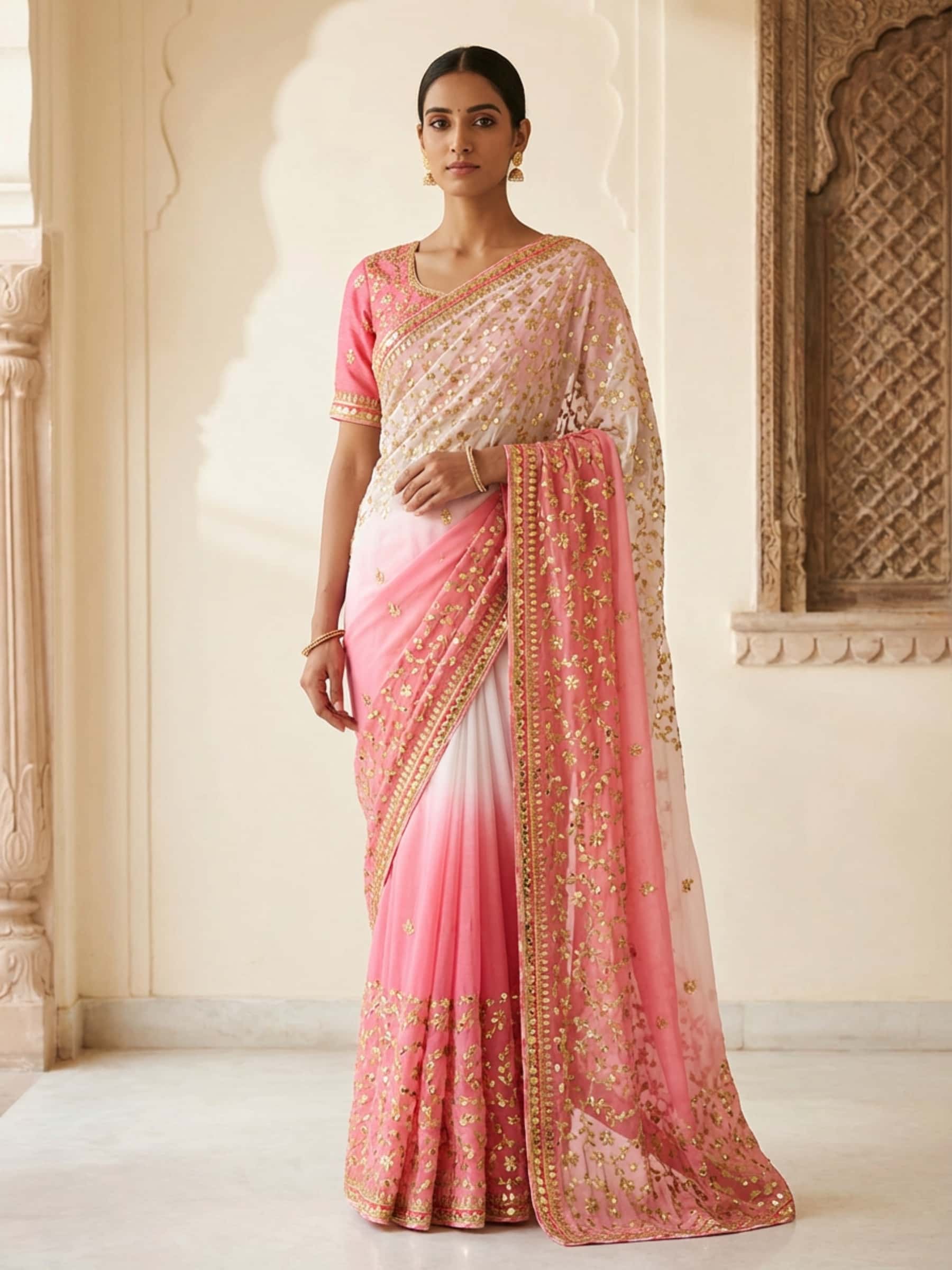 Gorgeous Pink Ombre Dyed Gota Patti Jaal Saree - Image 1