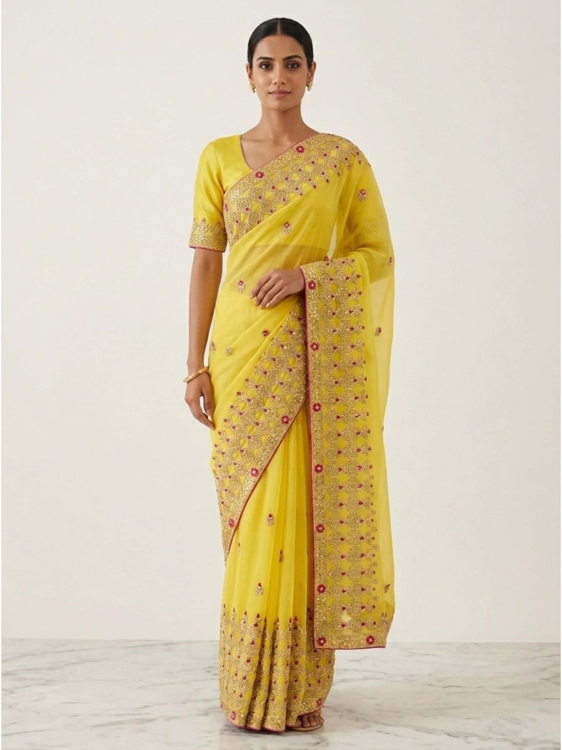 Gorgeous Yellow Handmade Pure Organza Saree