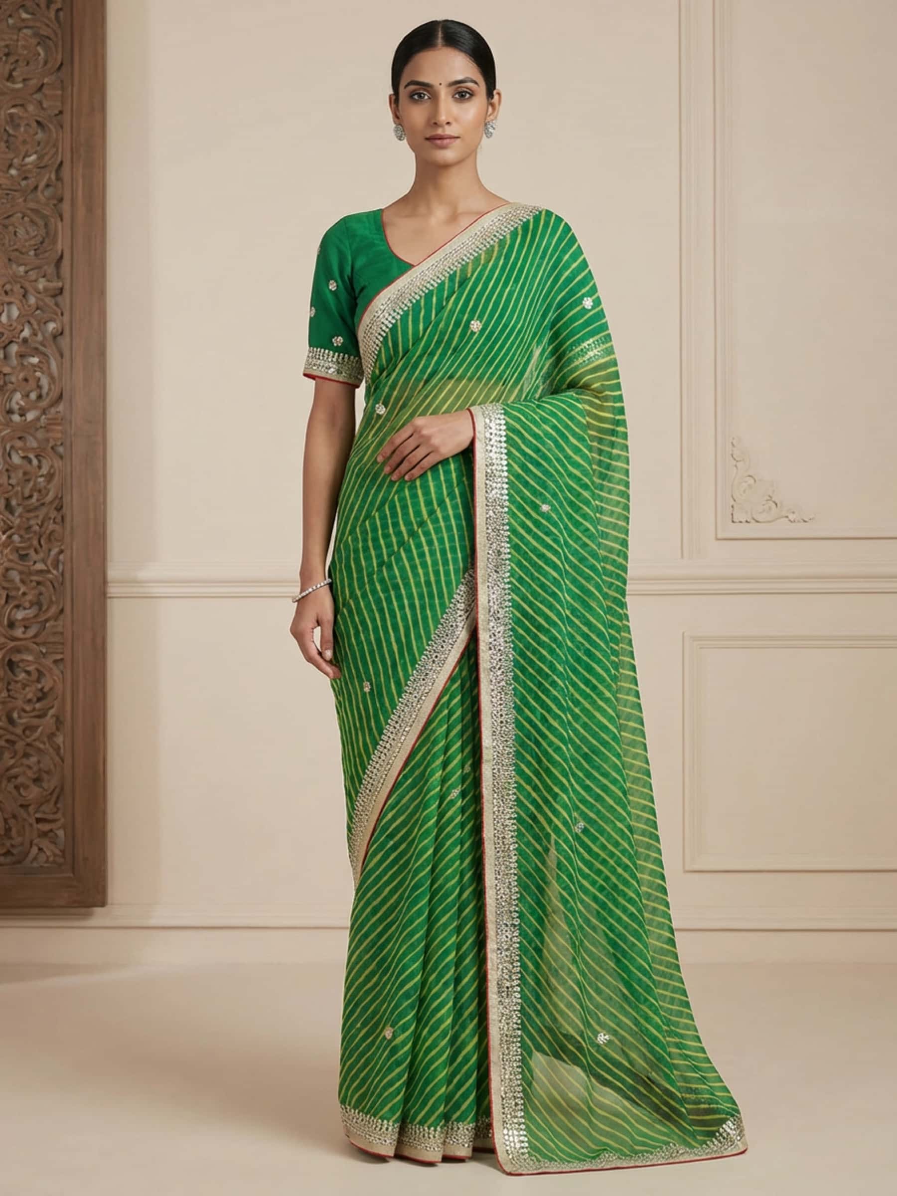 Green Leheriya Saree With Beautiful Motifs - Image 1