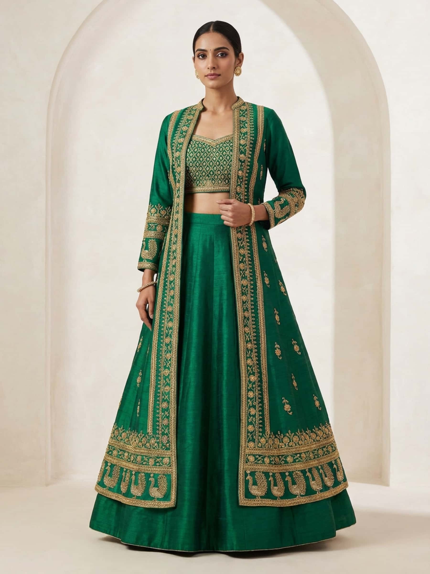 Green Raw Silk Jacket Skirt Set with Marodi Handwork - Image 1