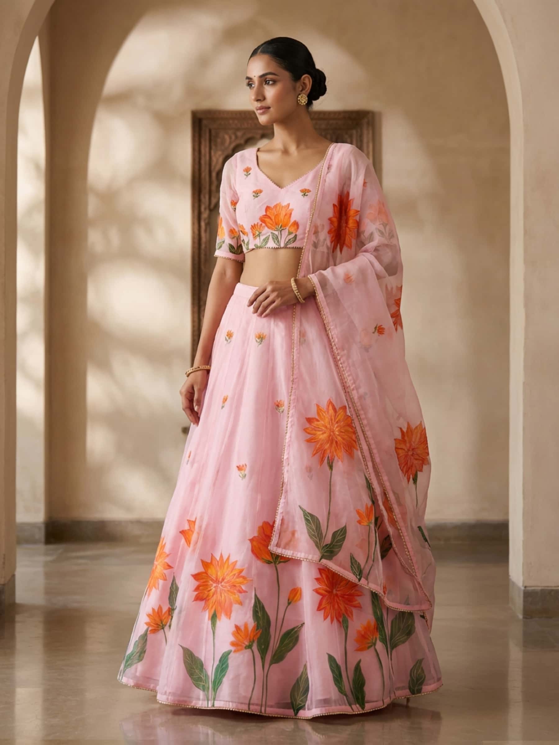 Hand Painted Pink Organza Lehenga for Haldi - Image 1