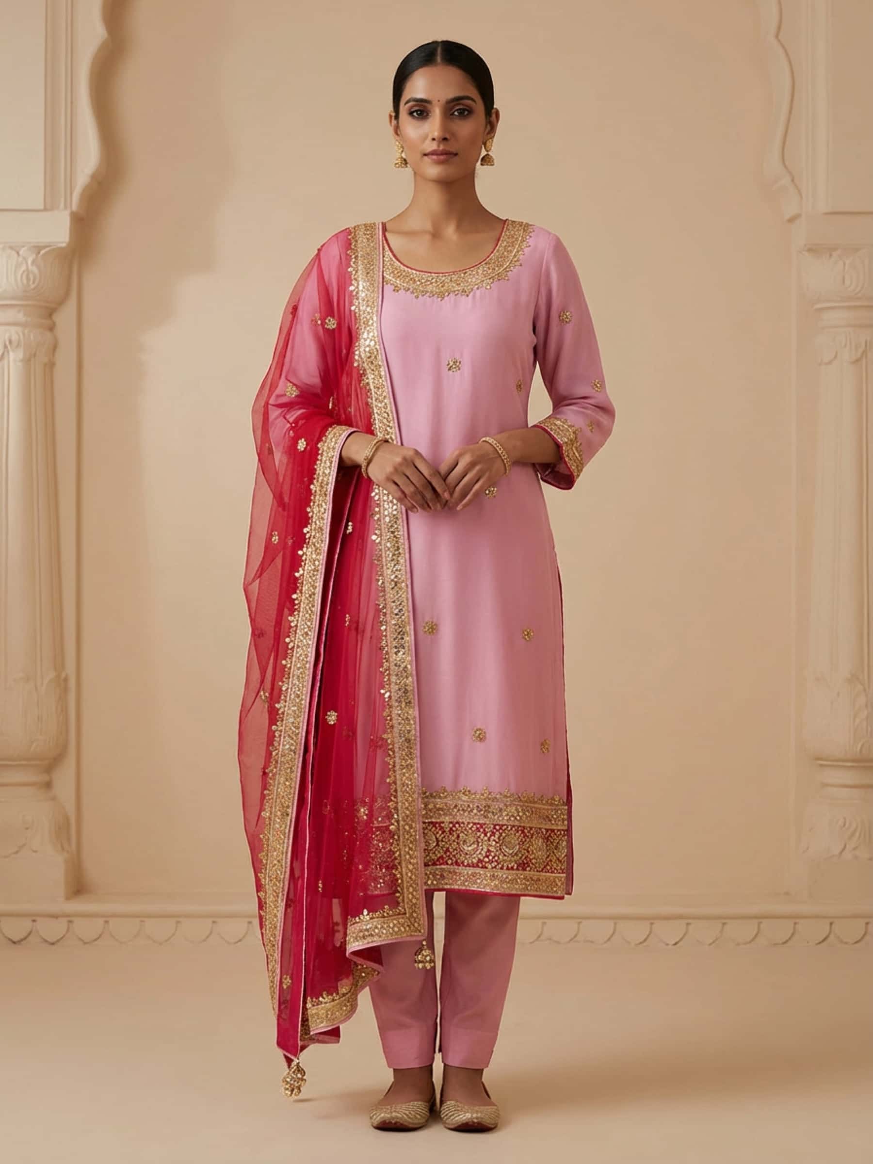 Handmade Rose and Bright Pink Salwar Suit - Image 1