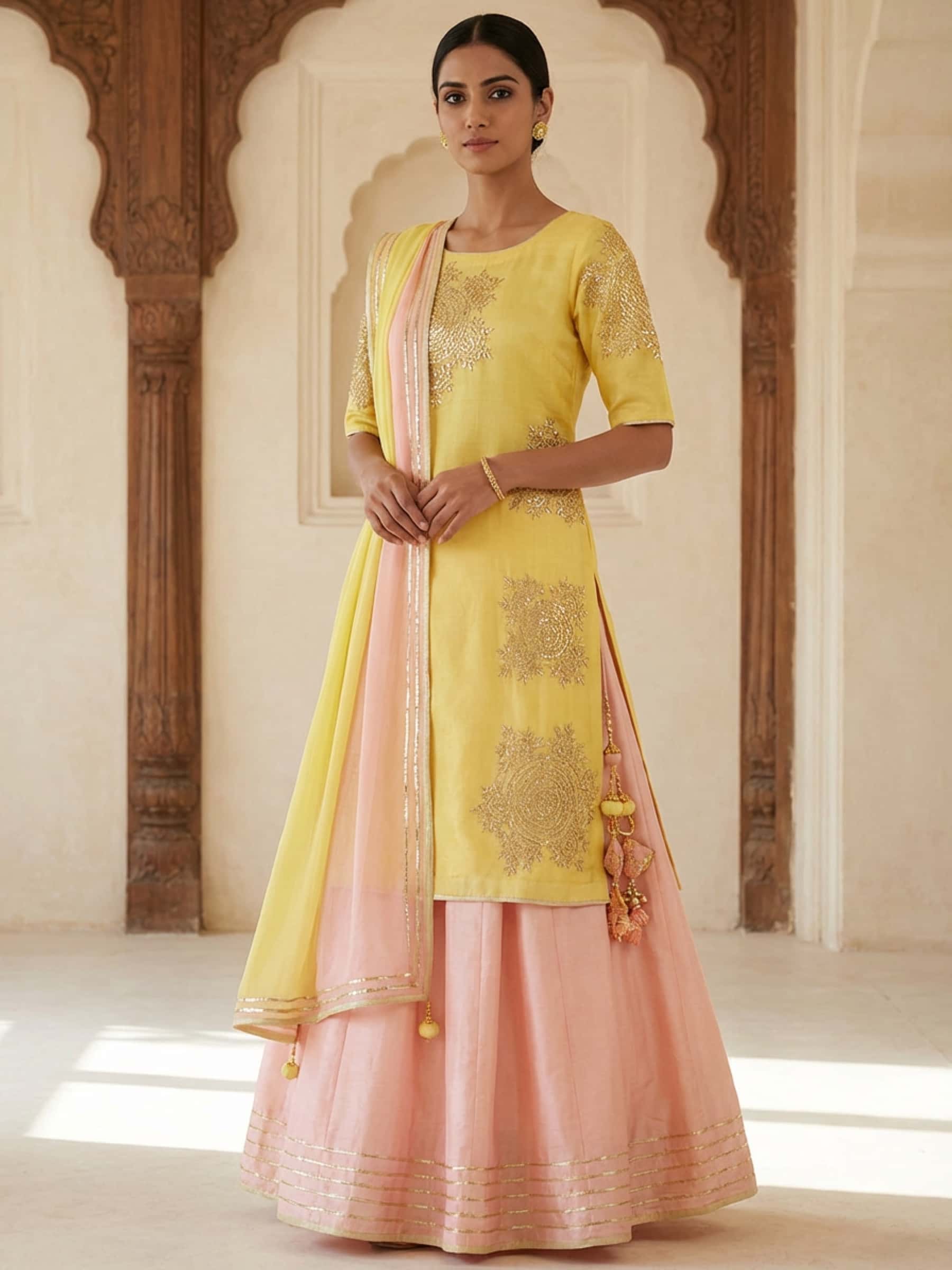 Kurti Skirt Set in Pure Chanderi Silk and Chiffon - Image 1