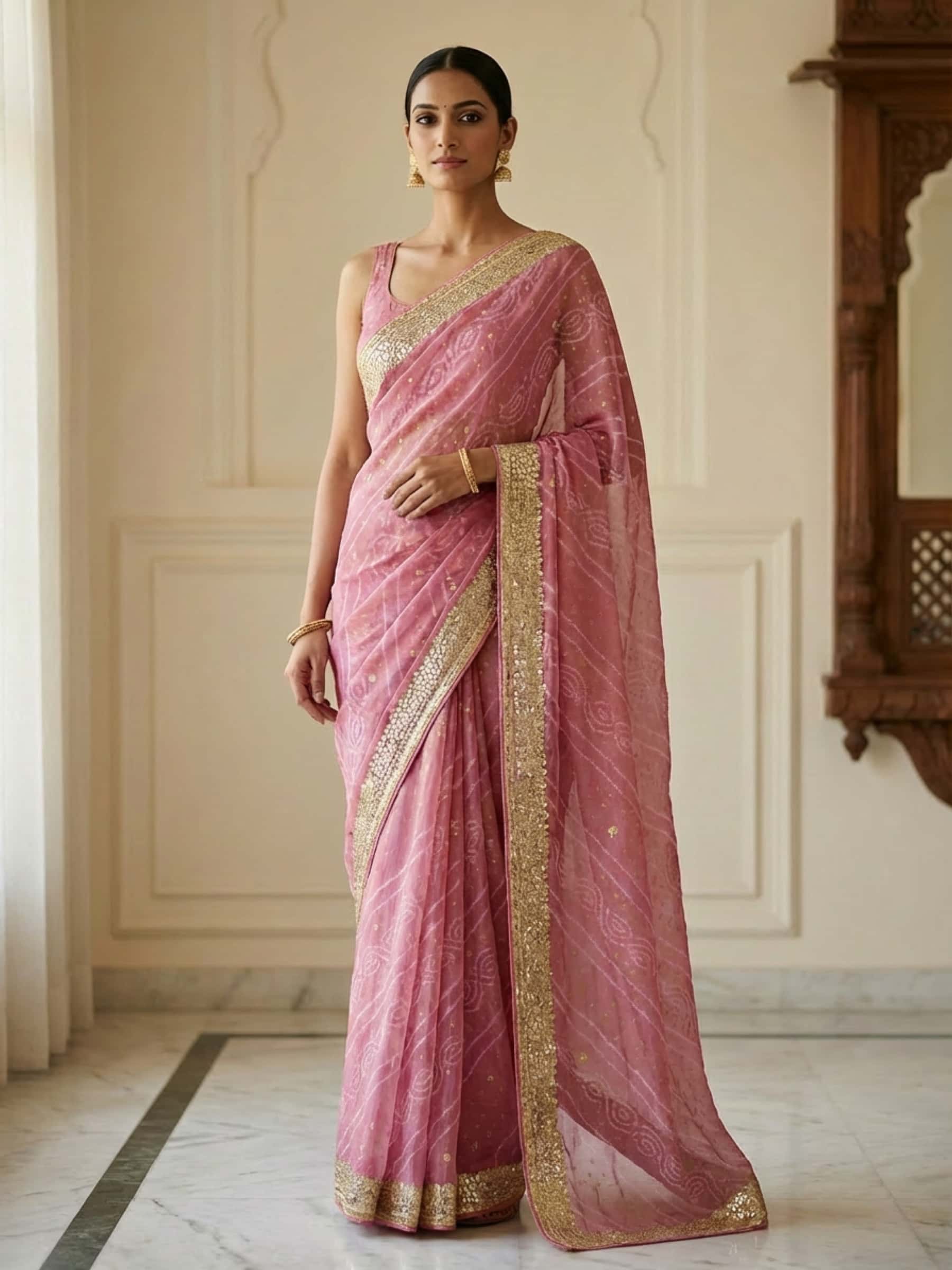 Lavender Bandhani Saree in Gota Dori Work