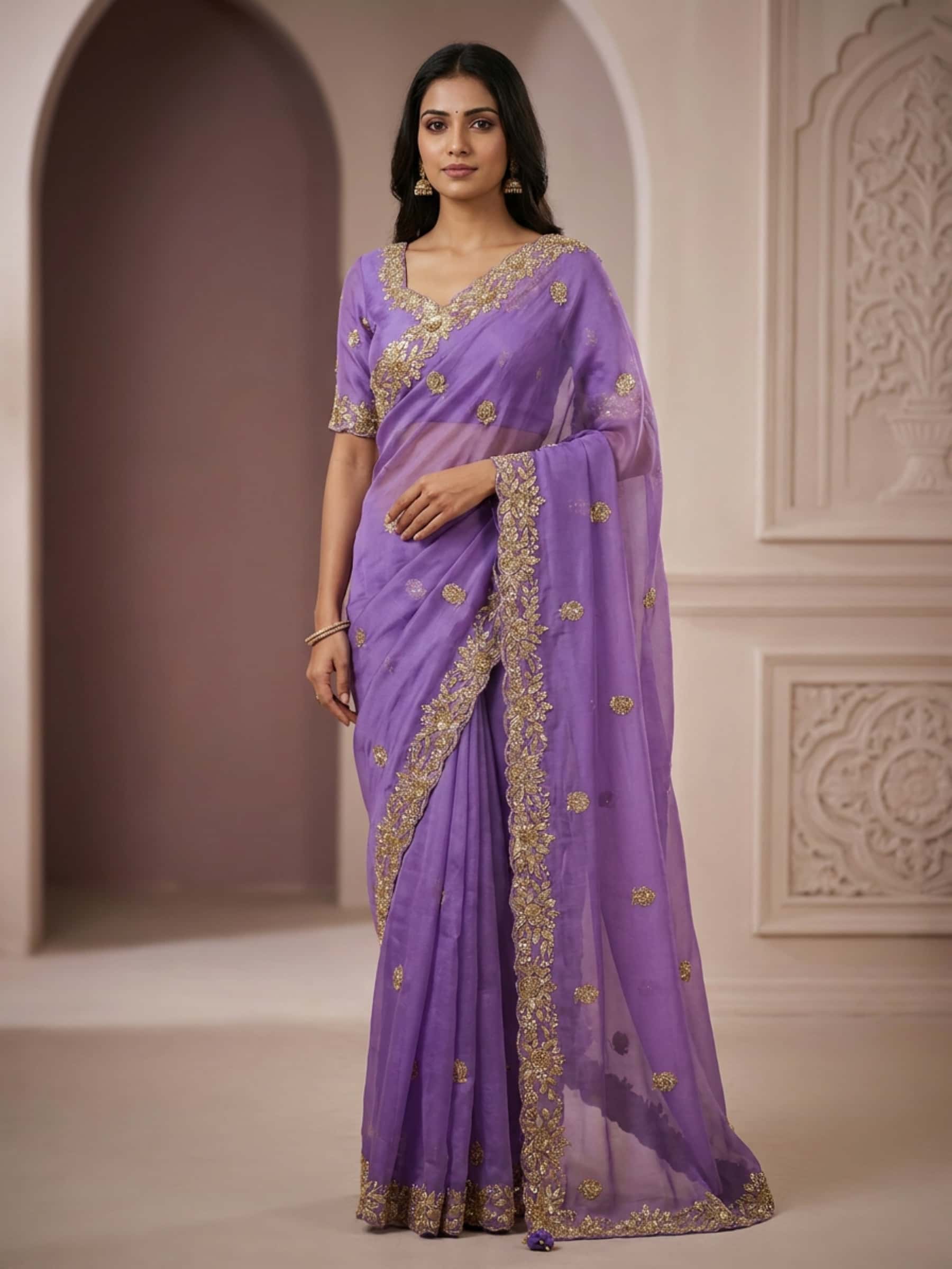 Lavender Pure Organza Zardozi Design Saree - Image 1