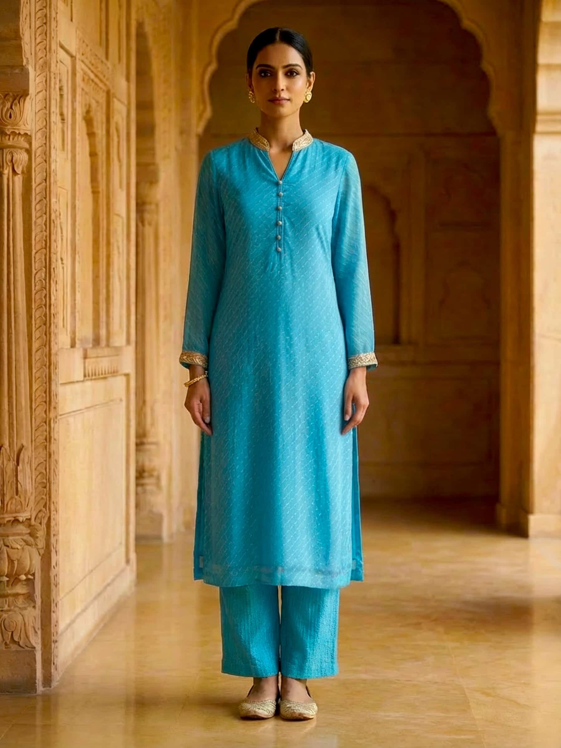 Leheriya Kurti Firozi with Gota Zardozi in Pure Georgette - Image 1