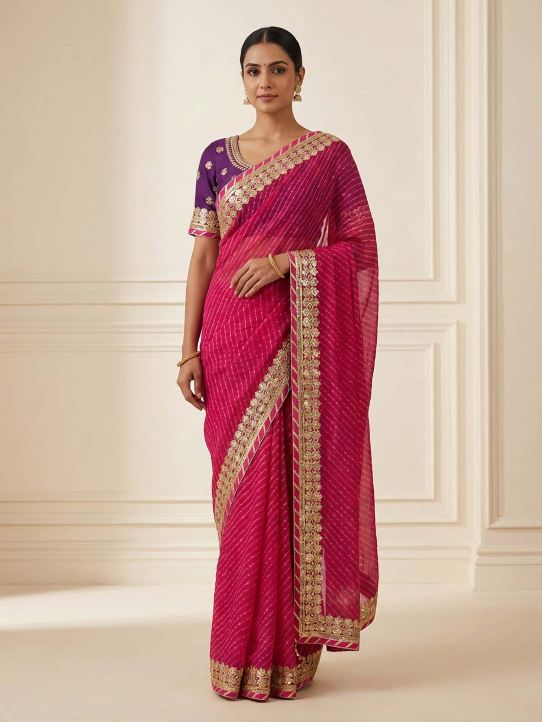 Leheriya Saree in Pure Georgette with Floral Gota Design - Image 1