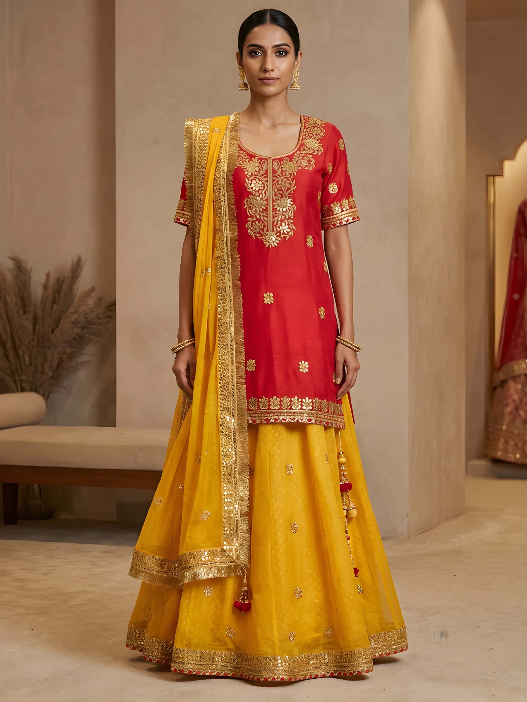 Leheriya Skirt Suit Set in Gold Gota Work - Image 1