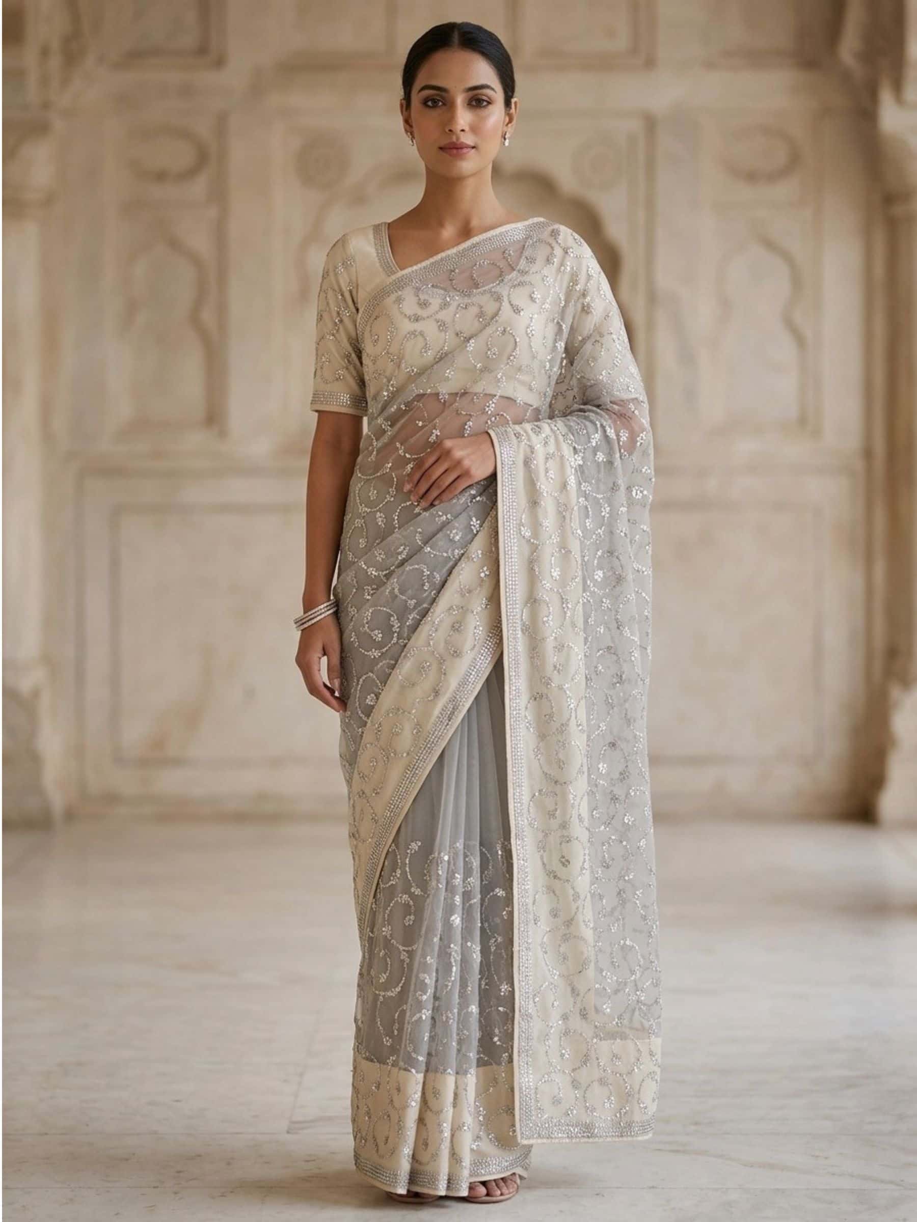 Light Beige Organza Saree with exclusive Gota jaal design - Image 1