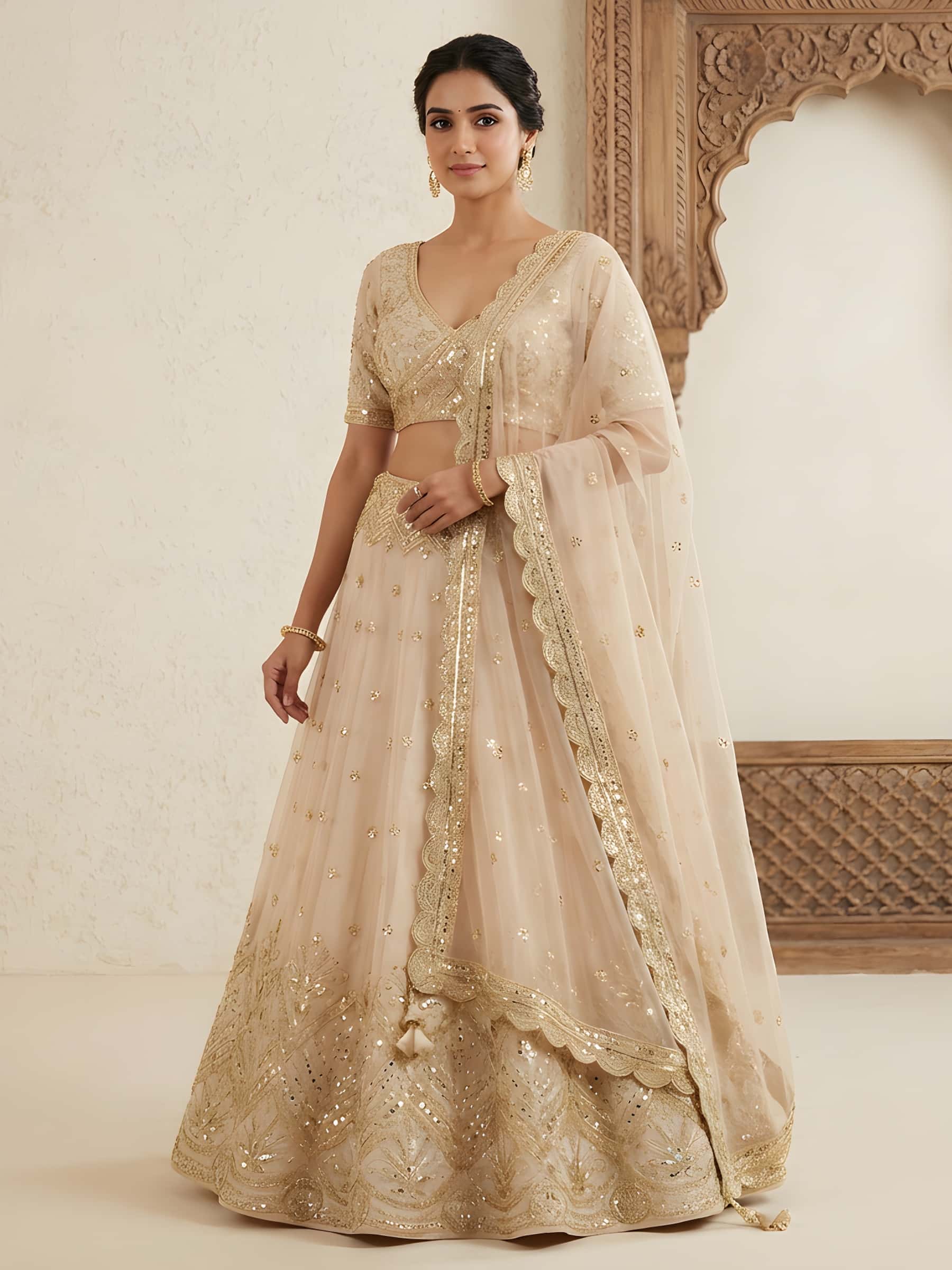 Light Golden Aari Cutdana Lehenga with Wrap Blouse - Image 1