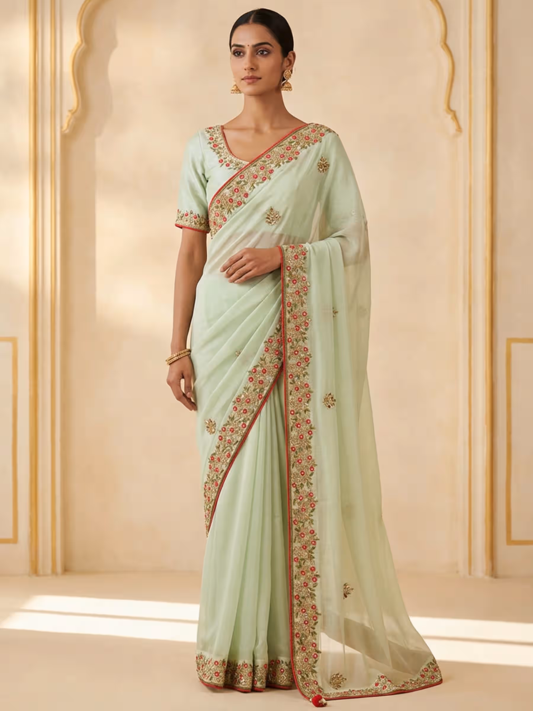 Light Green Designer Handmade Saree in Pure Georgette