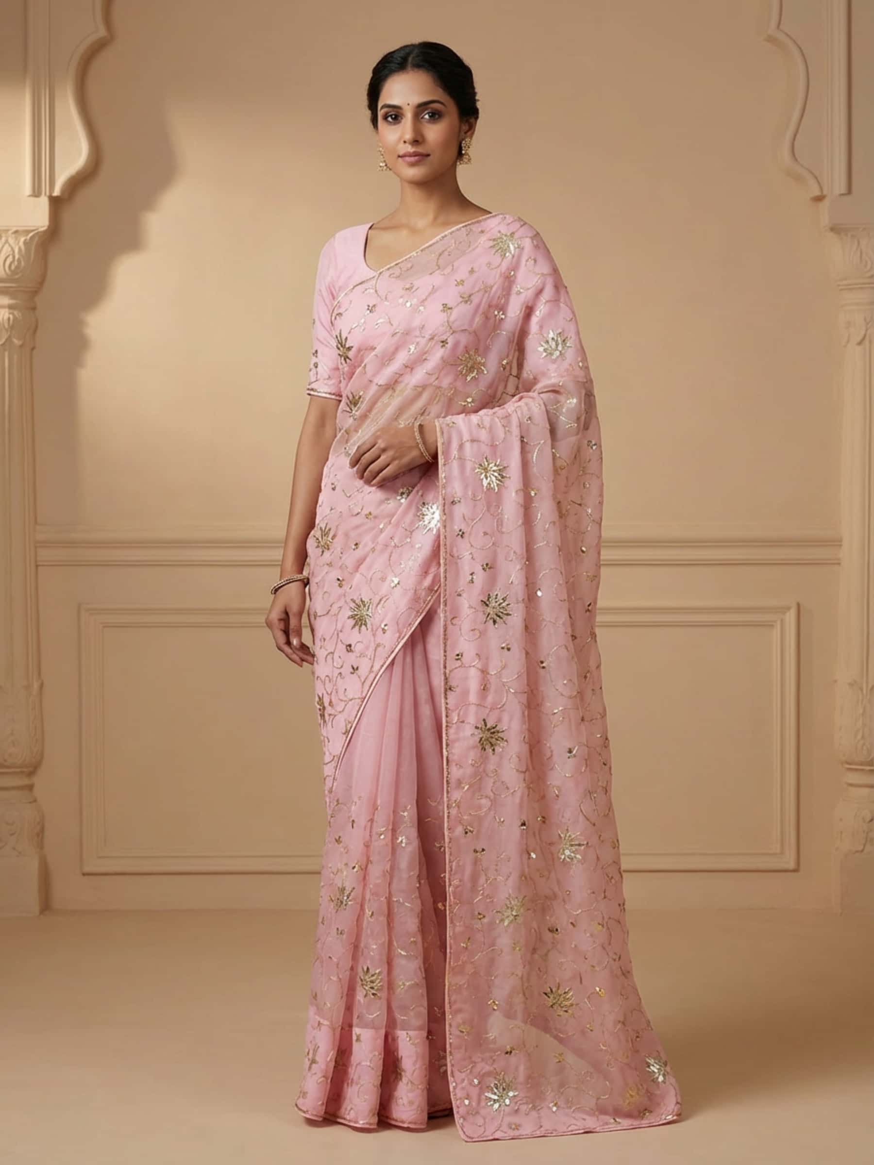 Lotus Jaal Handworked Saree in Pure Organza - Image 1