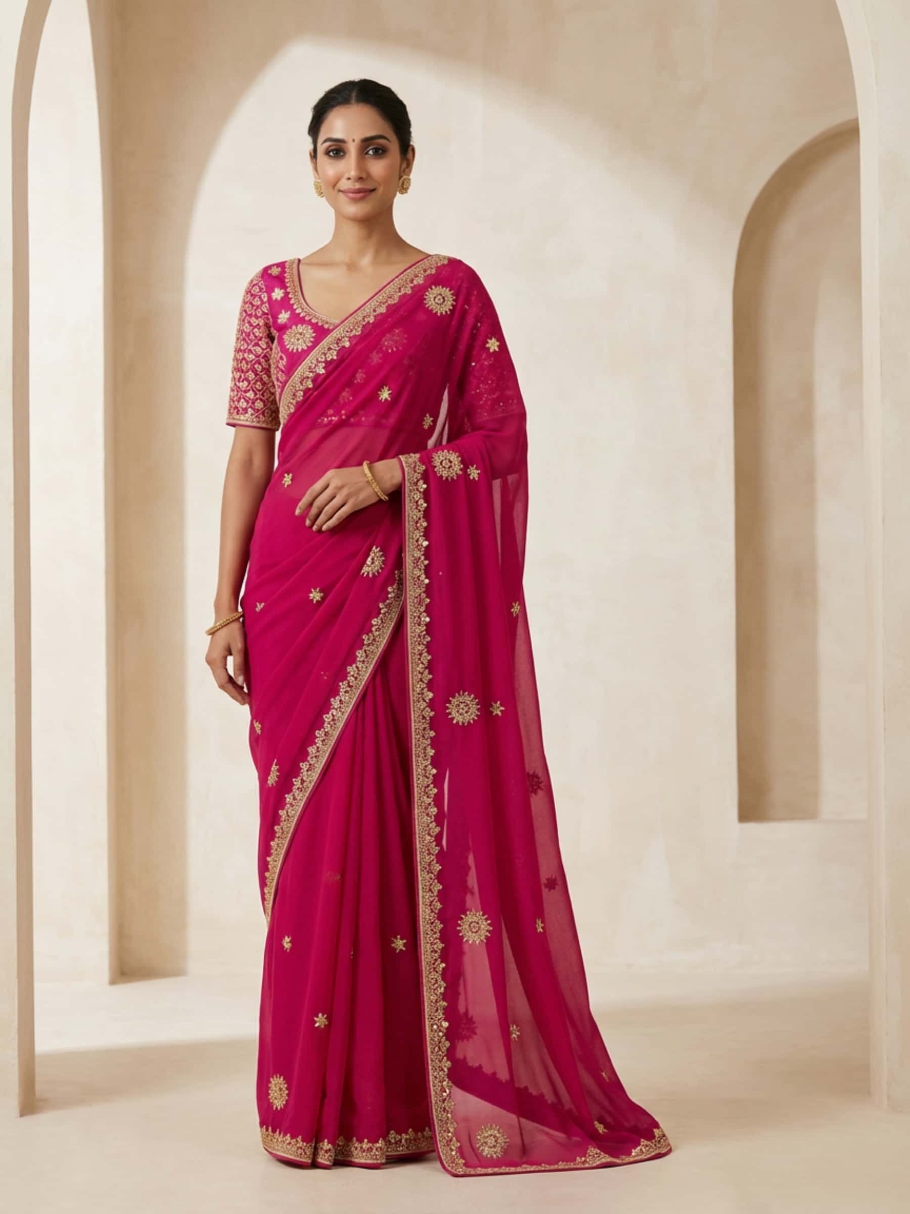 Magenta Pink Designer Pure Georgette Saree