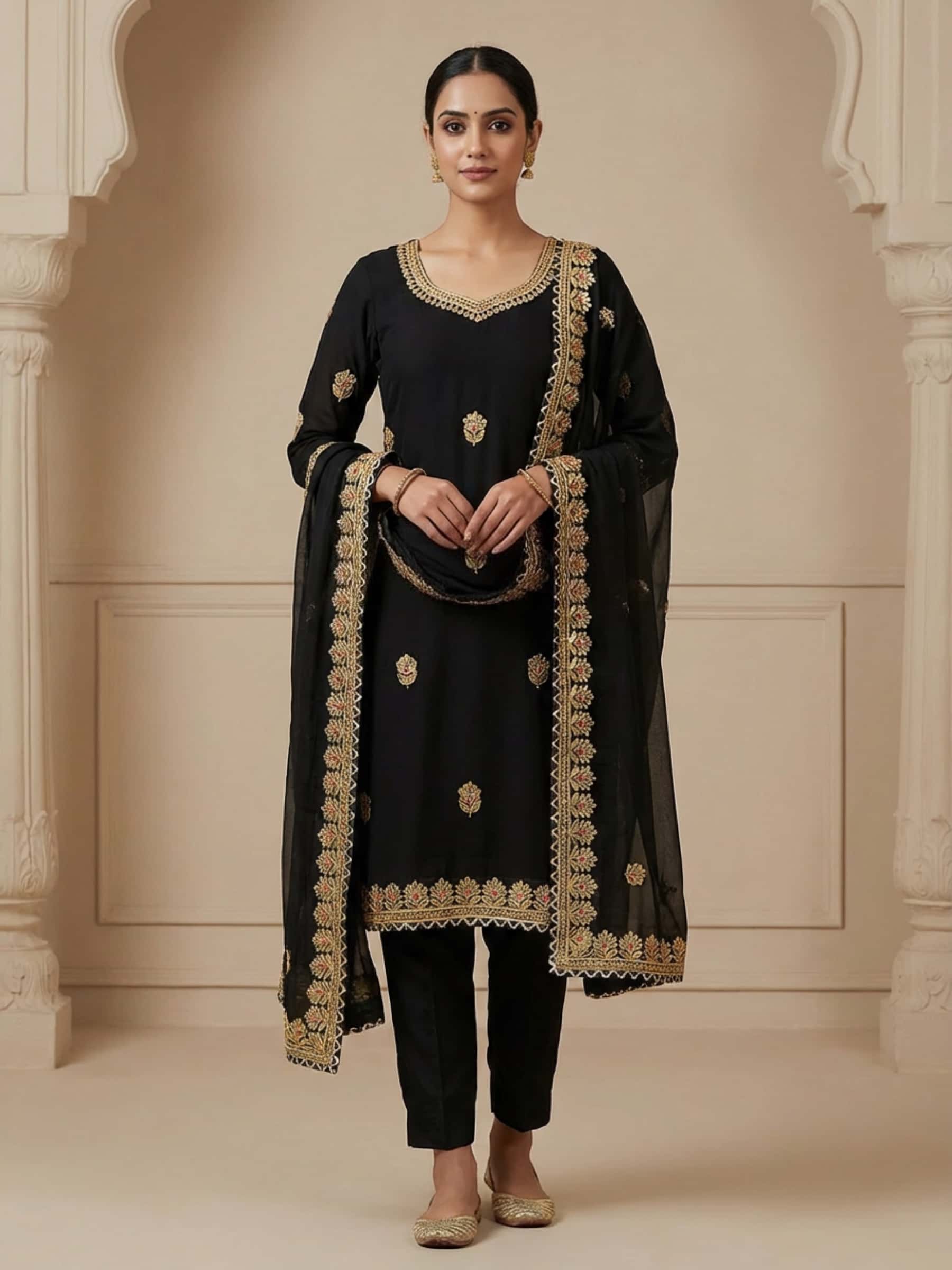 Majestic Black Pant Suit with Golden Gota Patti Work