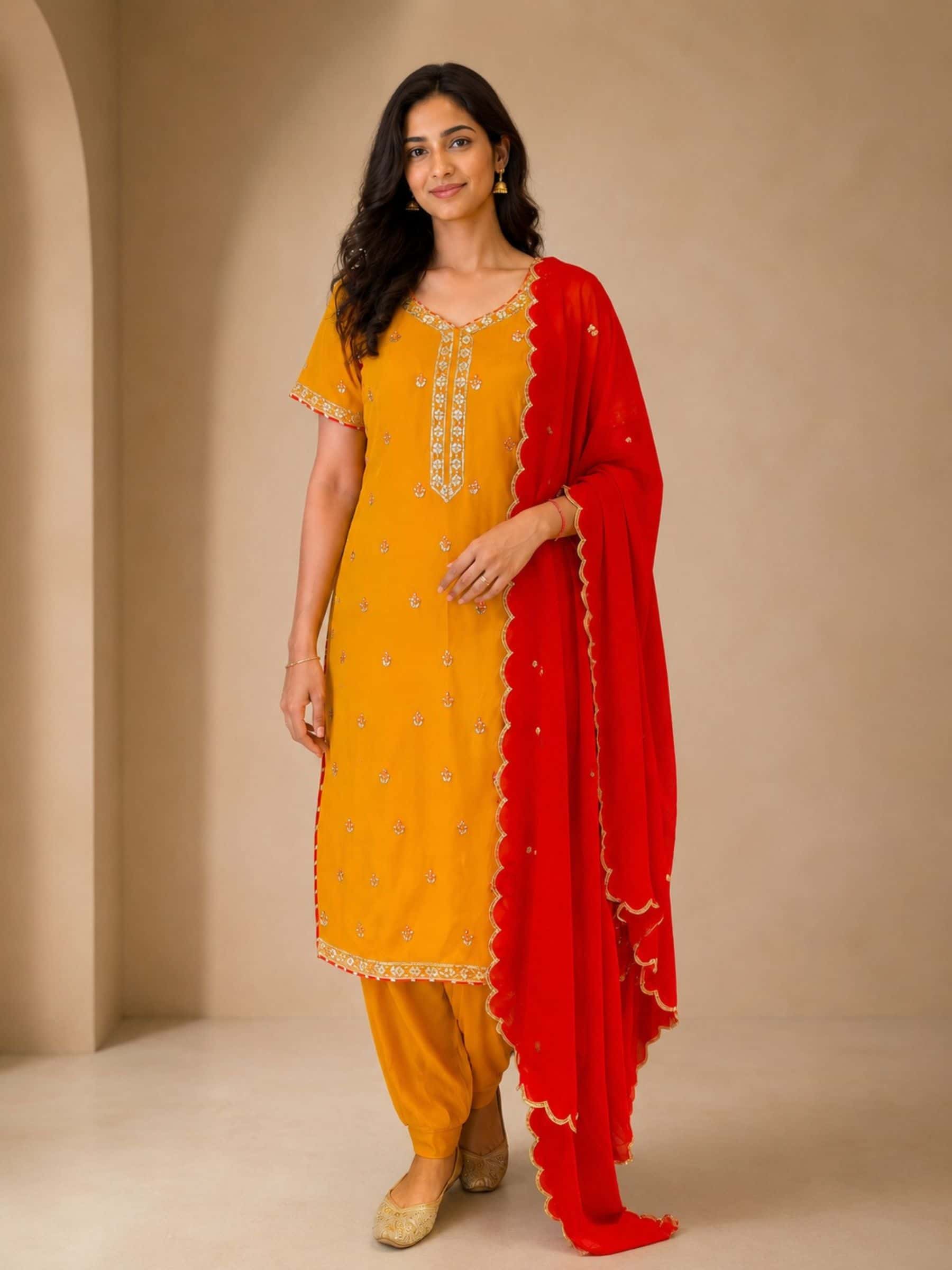 Mango Yellow and Red Salwar Suits Set