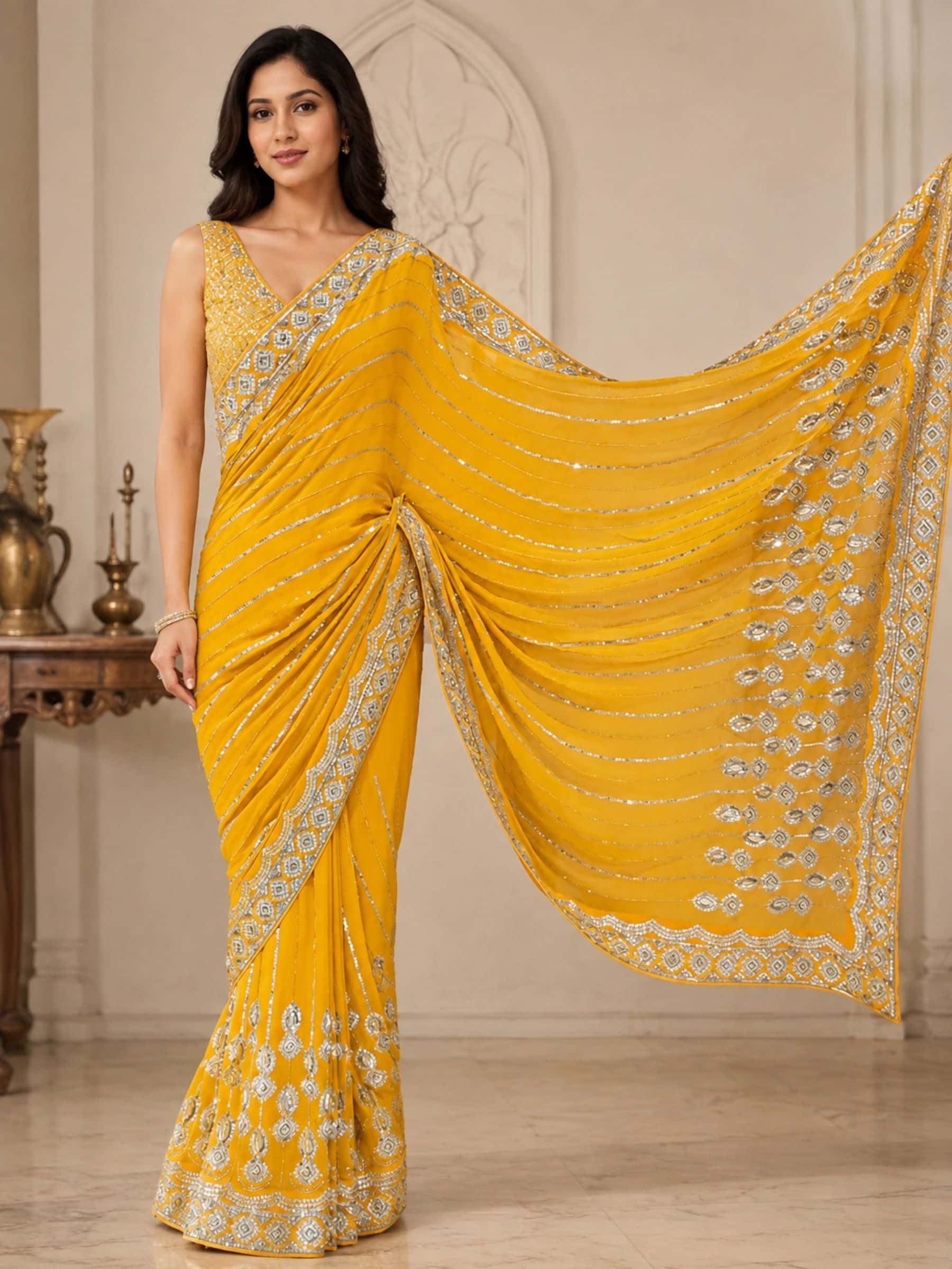 Marigold Glow Handmade Yellow Pure Georgette Saree - Image 1