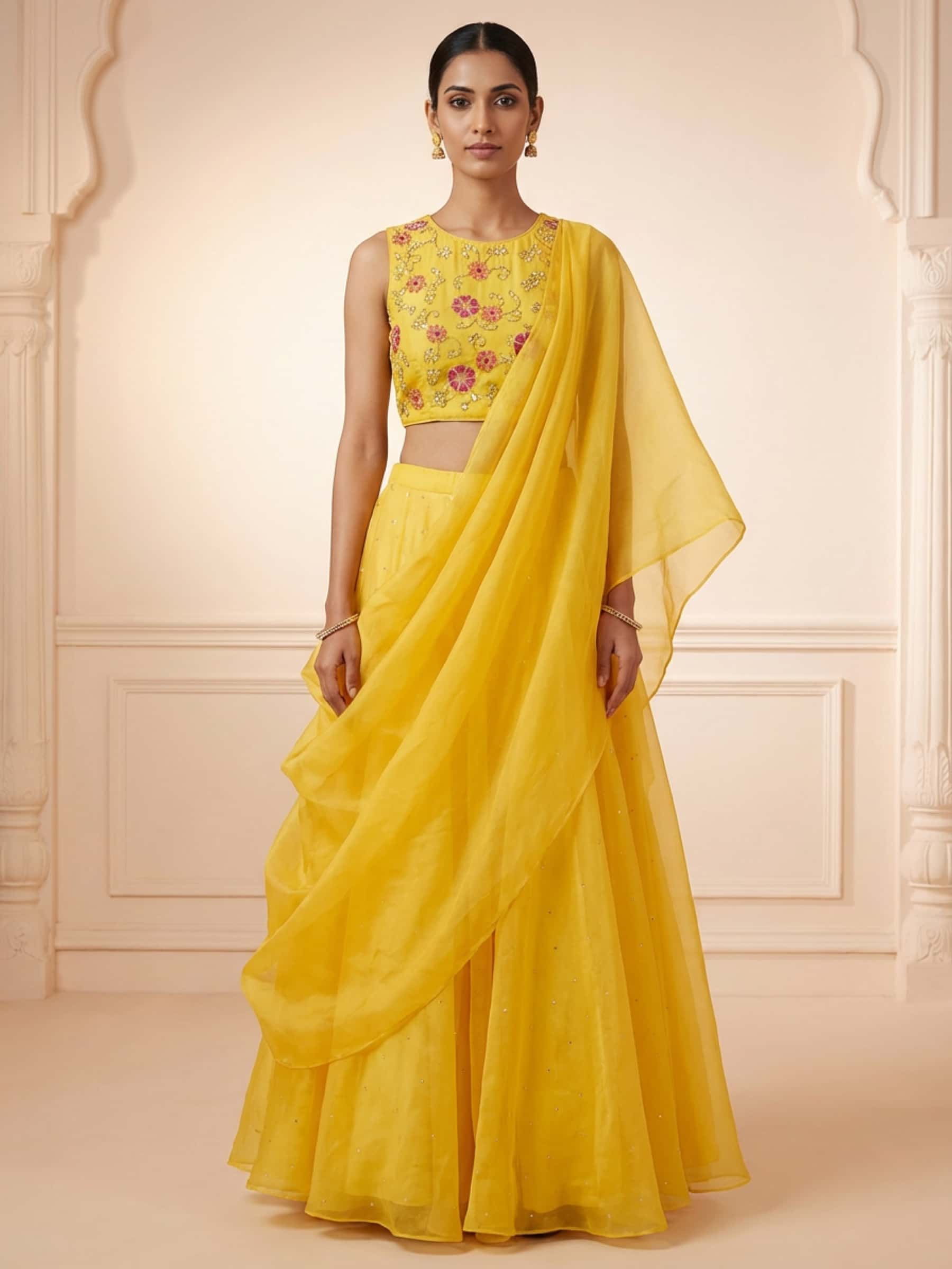 Mustard Crop Top and Skirt Set in Handwork - Image 1