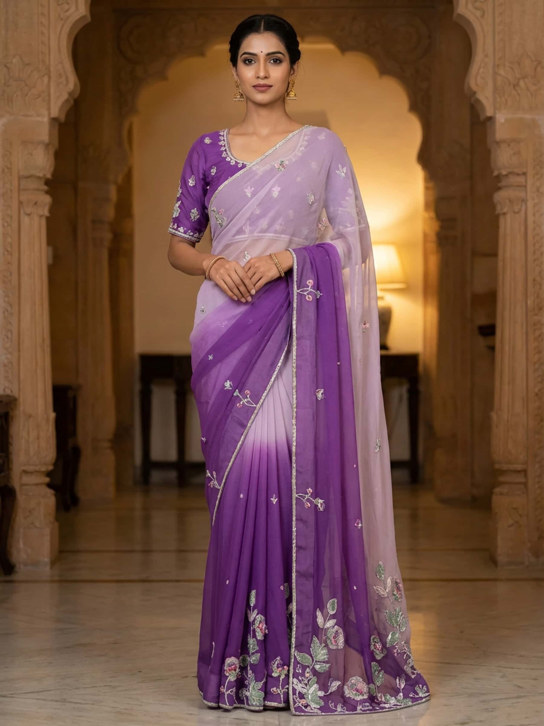 Ombre Dyed Chiffon Saree with Colorful Sequin Handwork - Image 1