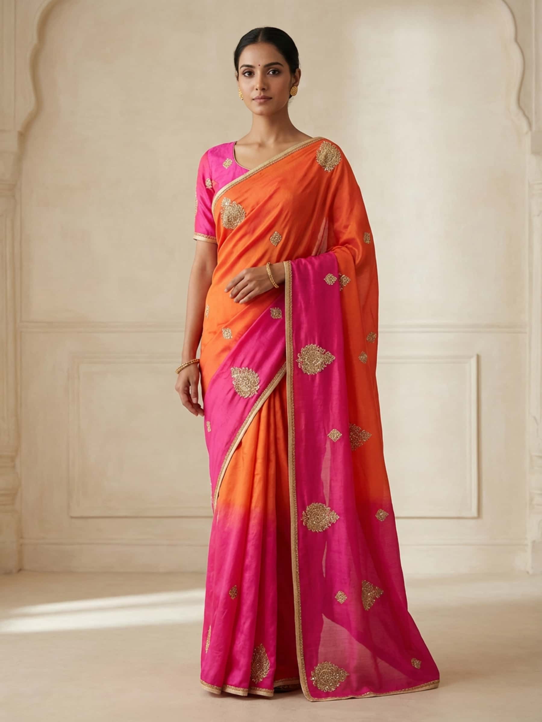 Ombre Dyed Pure Georgette Saree in Aari Handwork - Image 1
