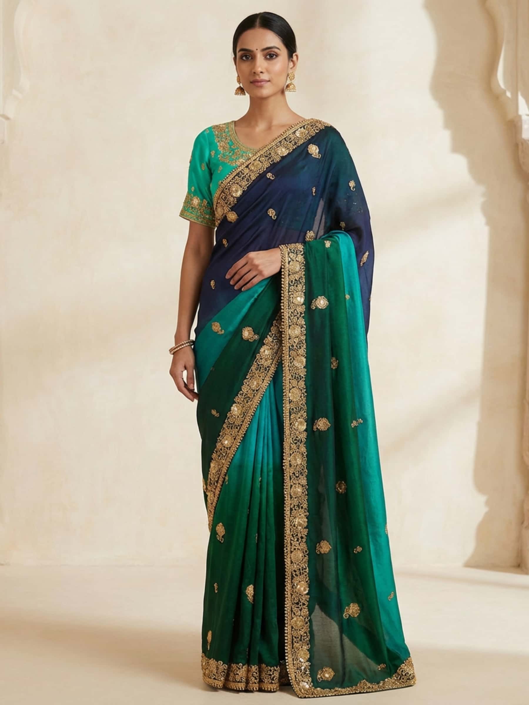 Ombre Silk Saree with Sippi and Zardozi Work - Image 1