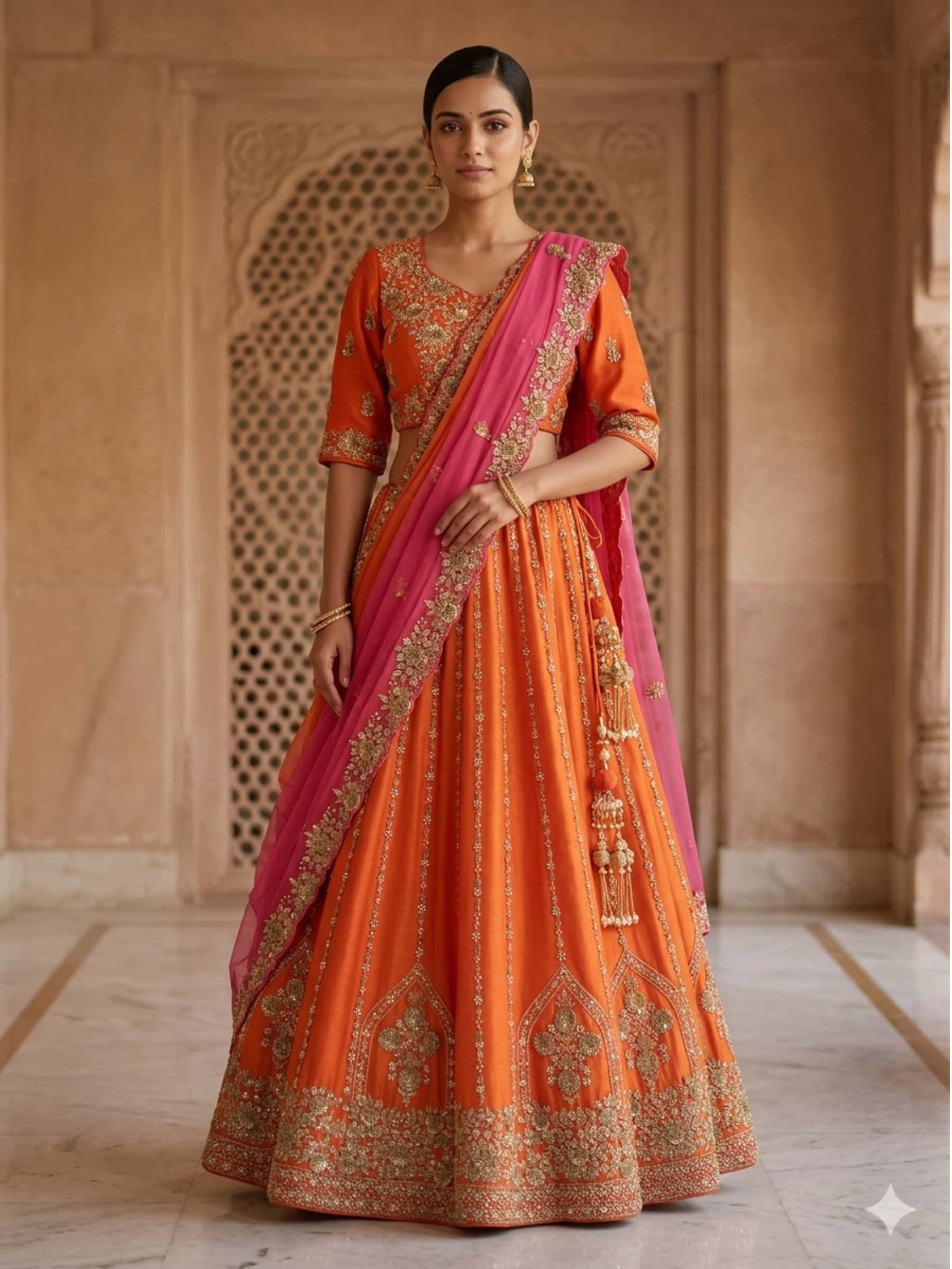 Orange and Gajri Pink Bridal Lehenga with Zardozi Work - Image 1