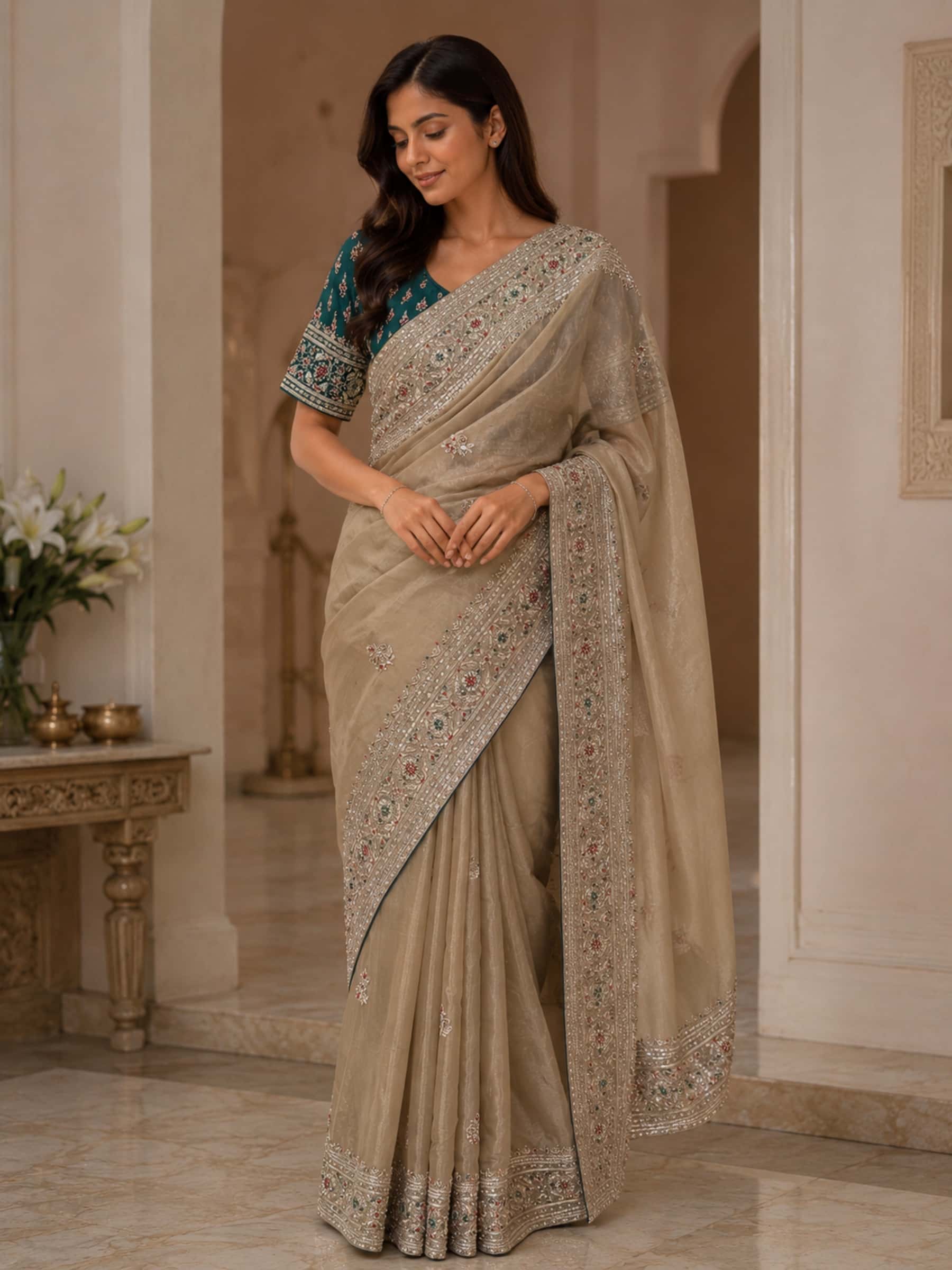 Pale Gold Zardozi Tissue Saree with Green Blouse - Image 1