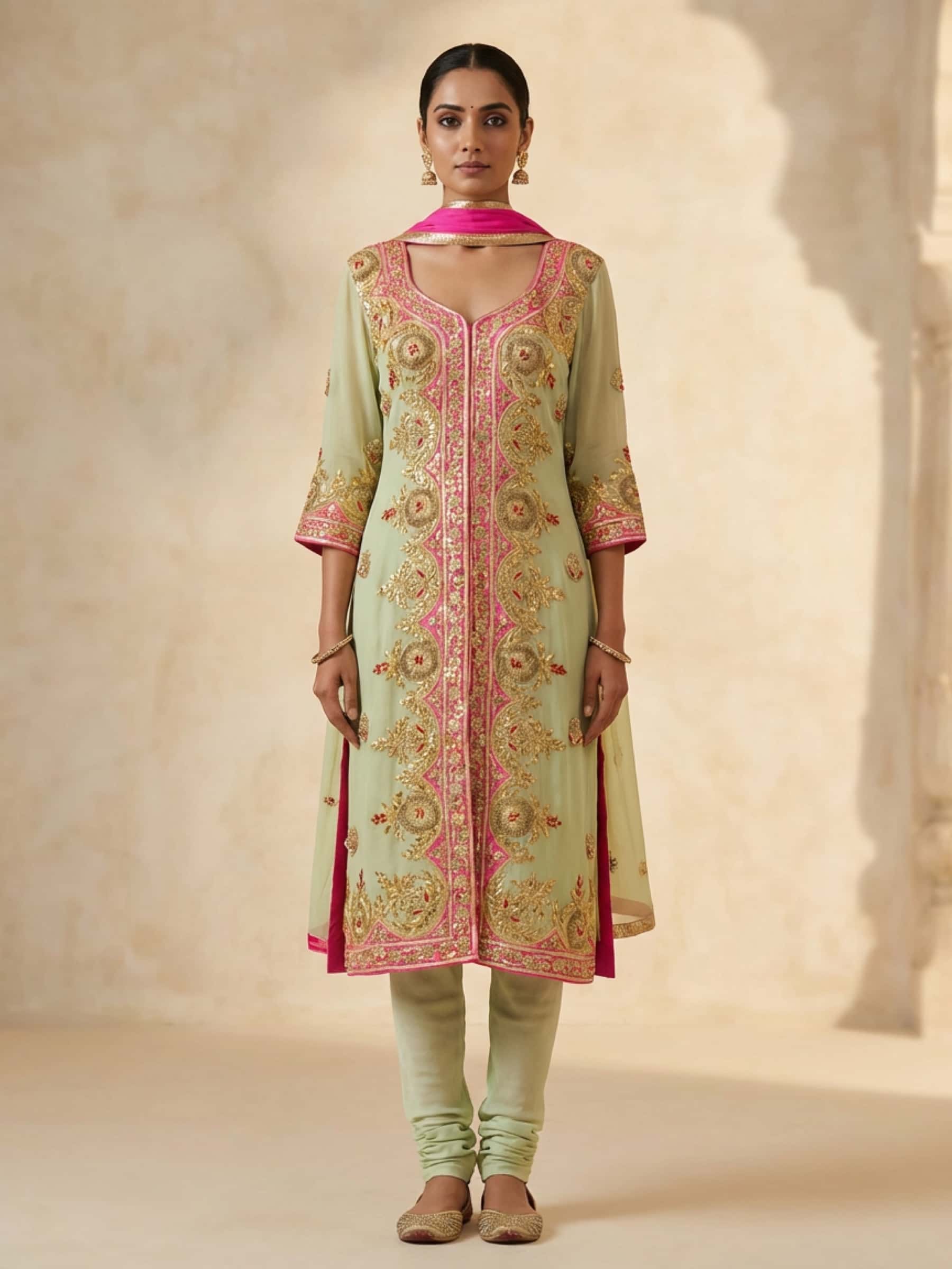 Pale Green Gotta Patti Embroidered Salwar Suit Set - Image 1