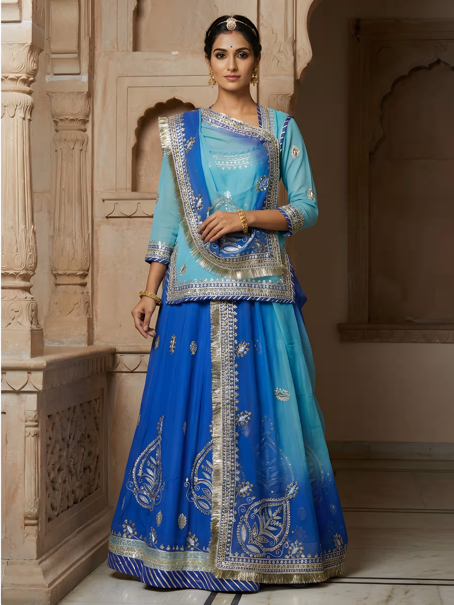 Passionate Blue Rajputi Poshak For Ladies in Fine Handwork