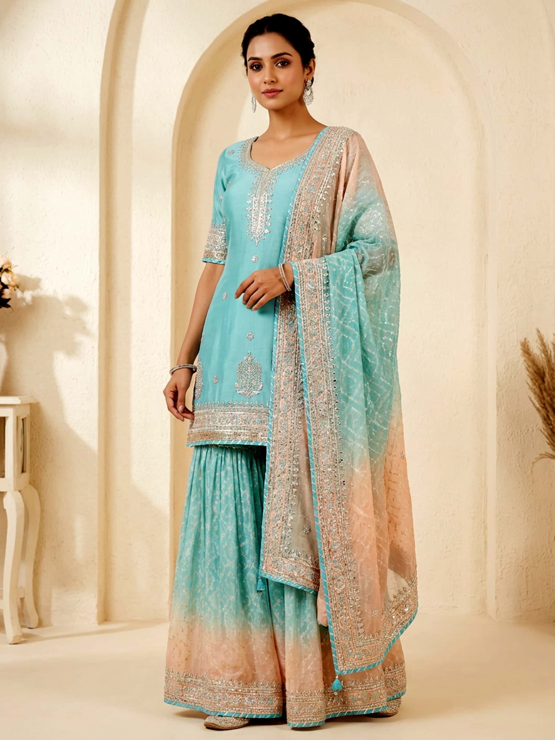 Pastel Blue and Pink Garara Set in Bandhani - Image 1