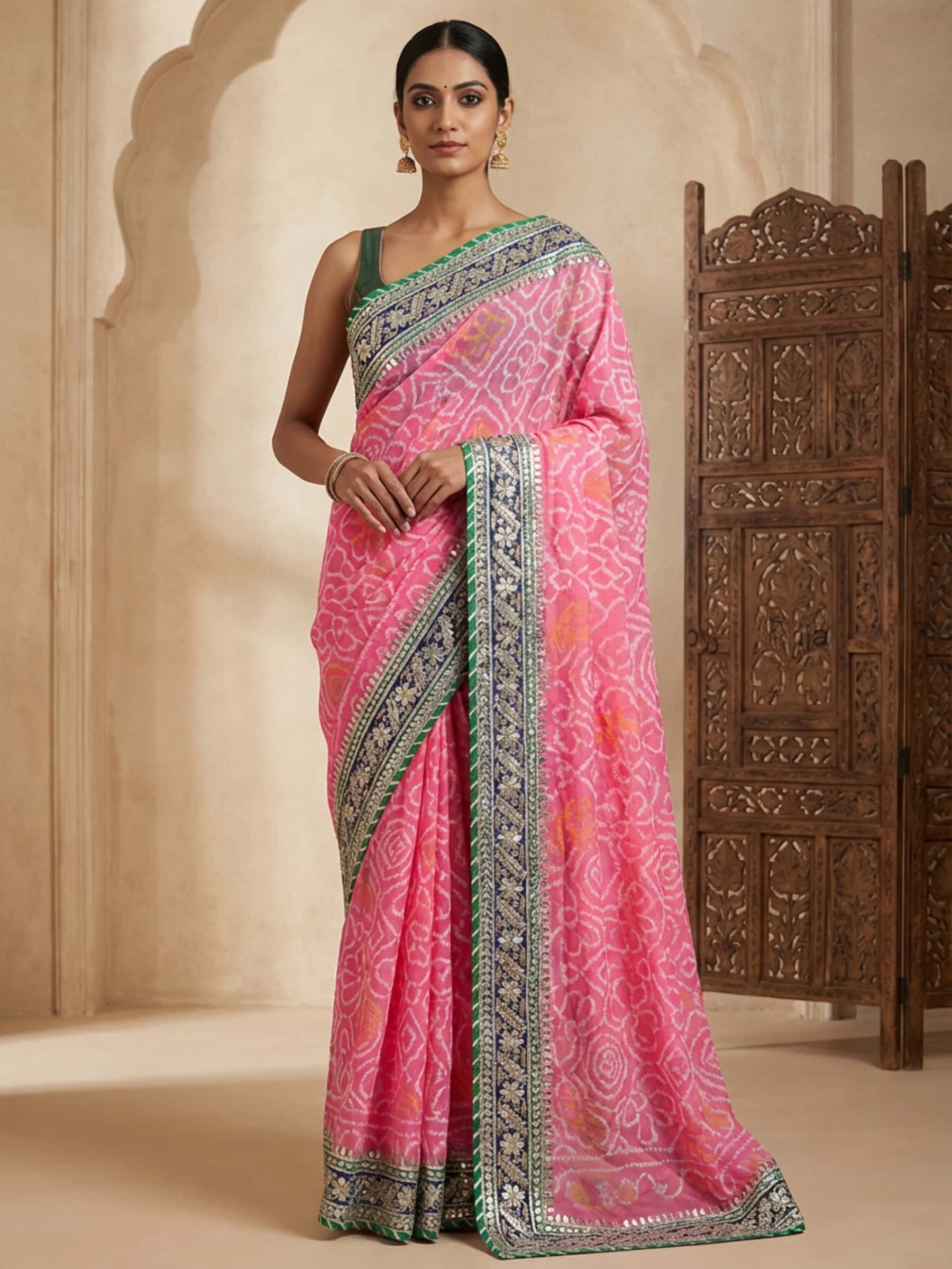 Peach Bandhej Saree with Pretty Border Work - Image 1