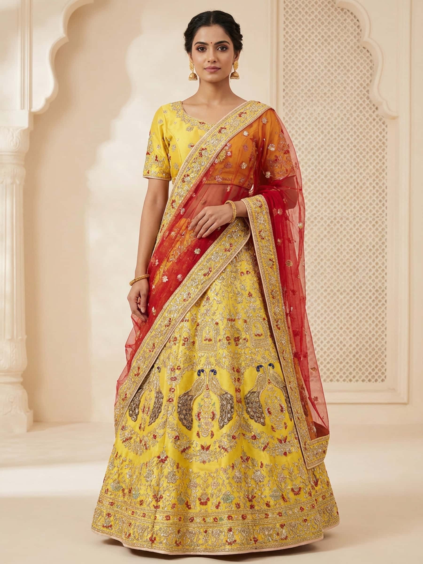 Peacock Design Lehenga in Yellow Red Shade
