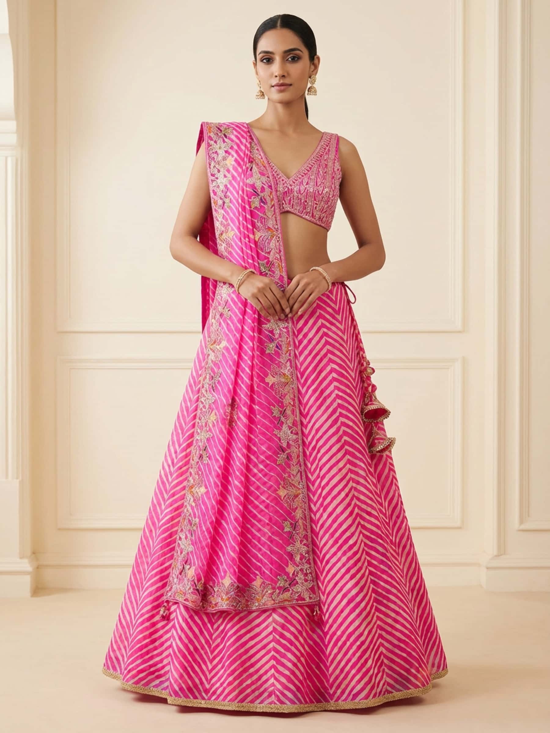 Peppy Pink Leheriya Lehenga with Aari Embroidery - Image 1